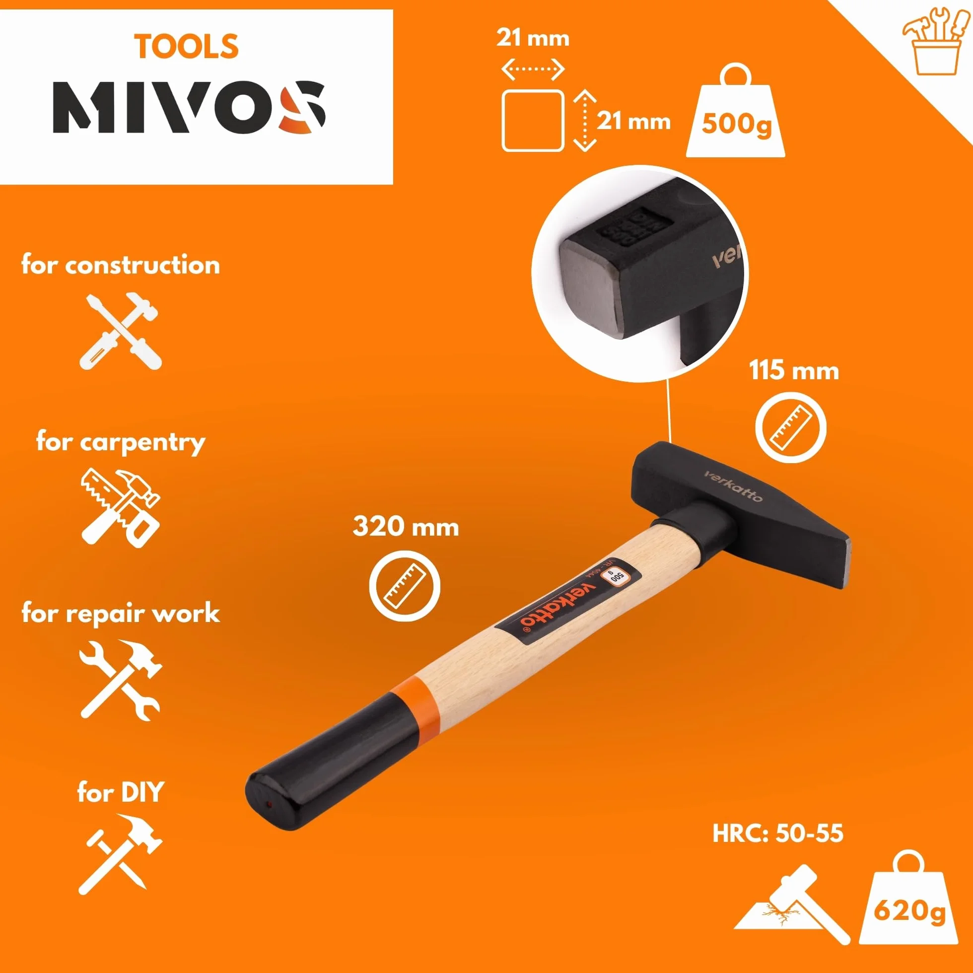 Mivos Młotek ślusarski 500 g z drewnianym trzonkiem – młotek mechaniczny z kutym łbem młotka – 500 g – młotek warsztatowy – młotek inżynierski – DIN 1041 – HRC: 50-55