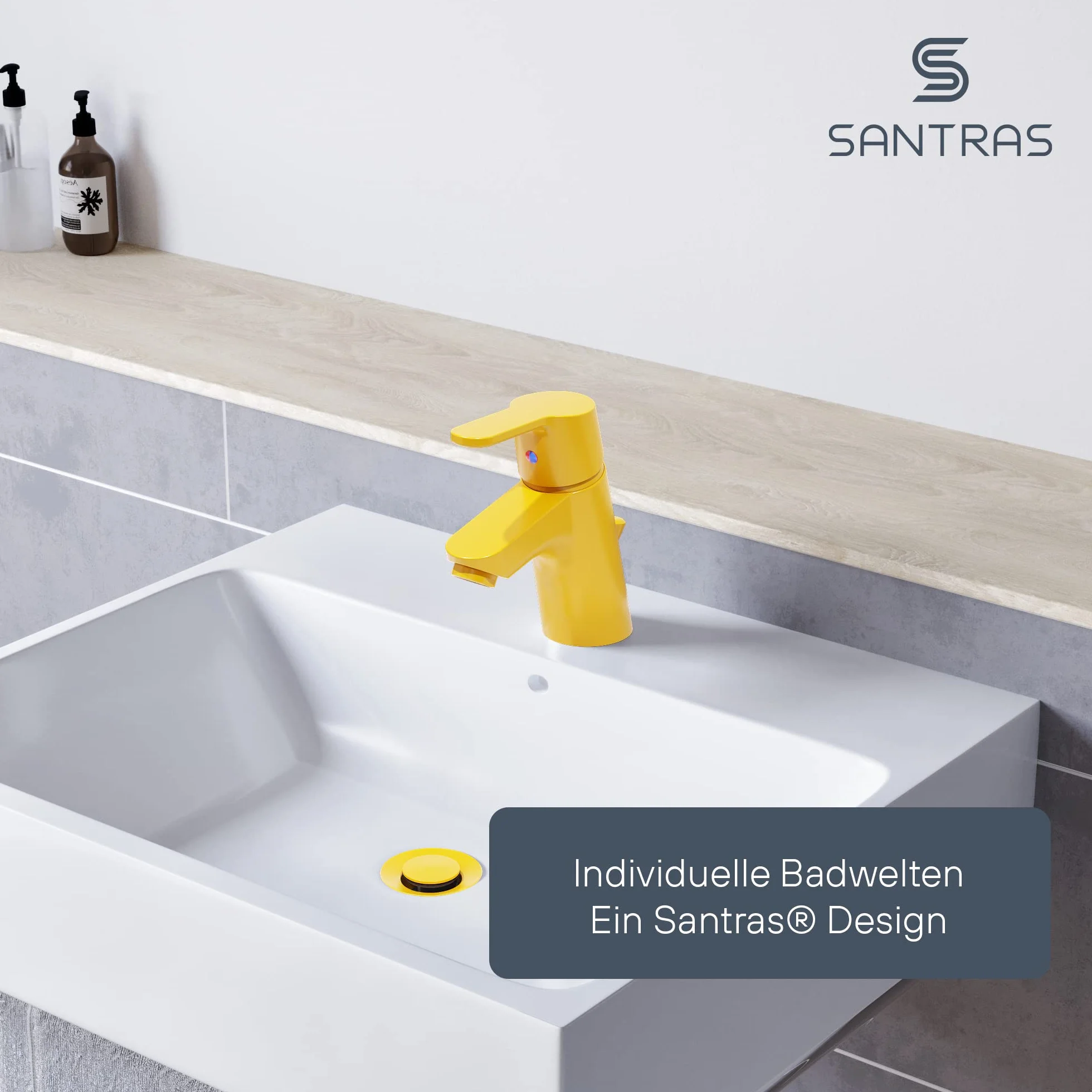 SANTRAS® Bateria umywalkowa do łazienki z mimośrodowym zestawem odpływowym i drążkiem w kolorze żółtym - jednouchwytowa bateria mieszająca ciepła zimna do otworu umywalka kran MADE IN GERMANY