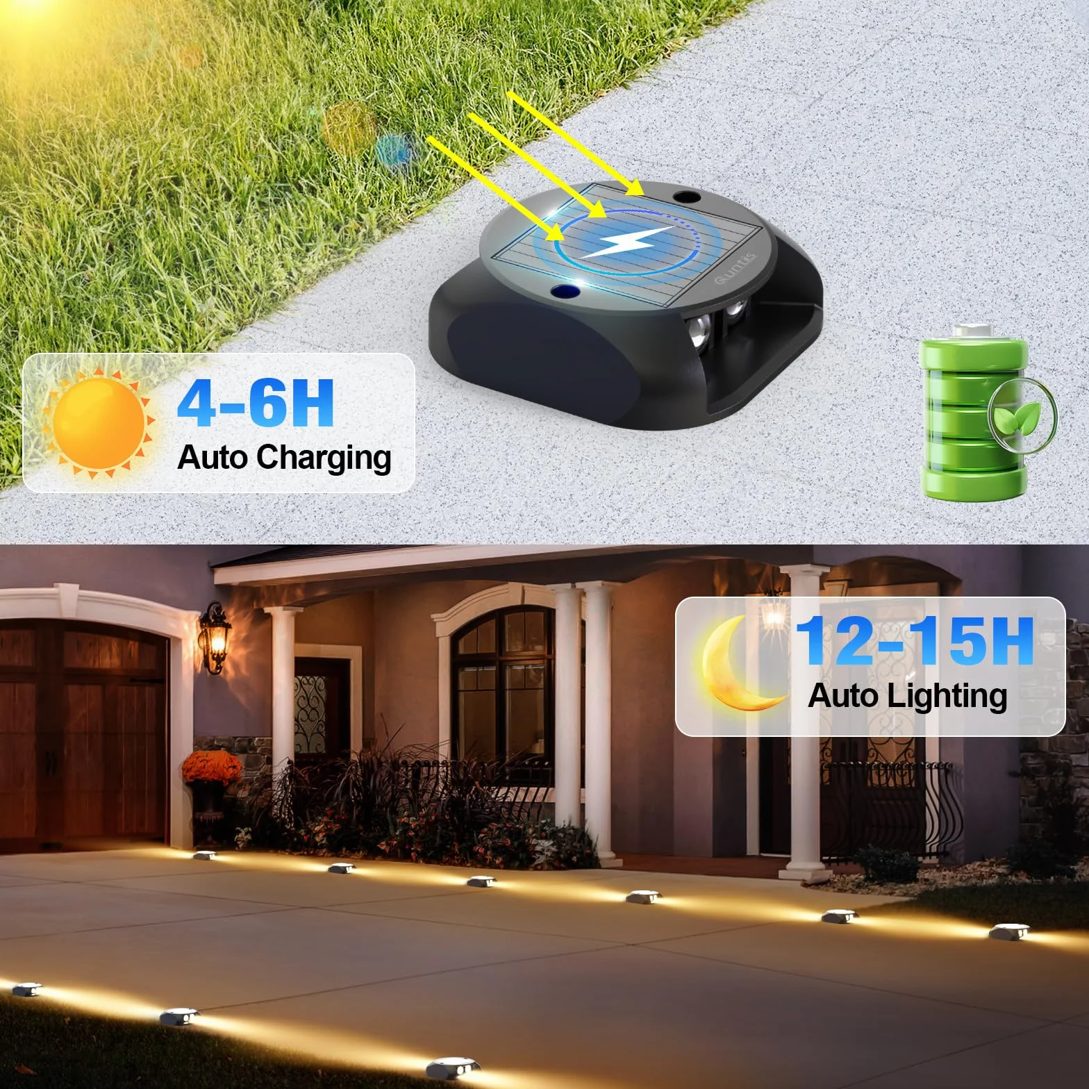 Quntis Zestaw 4 zewnętrznych lamp solarnych o barwie białej ciepłej 3000K, wodoodporne zewnętrzne oświetlenie solarne IP65, zewnętrzne oświetlenie solarne do ogrodu, patio, garażu, chodnika