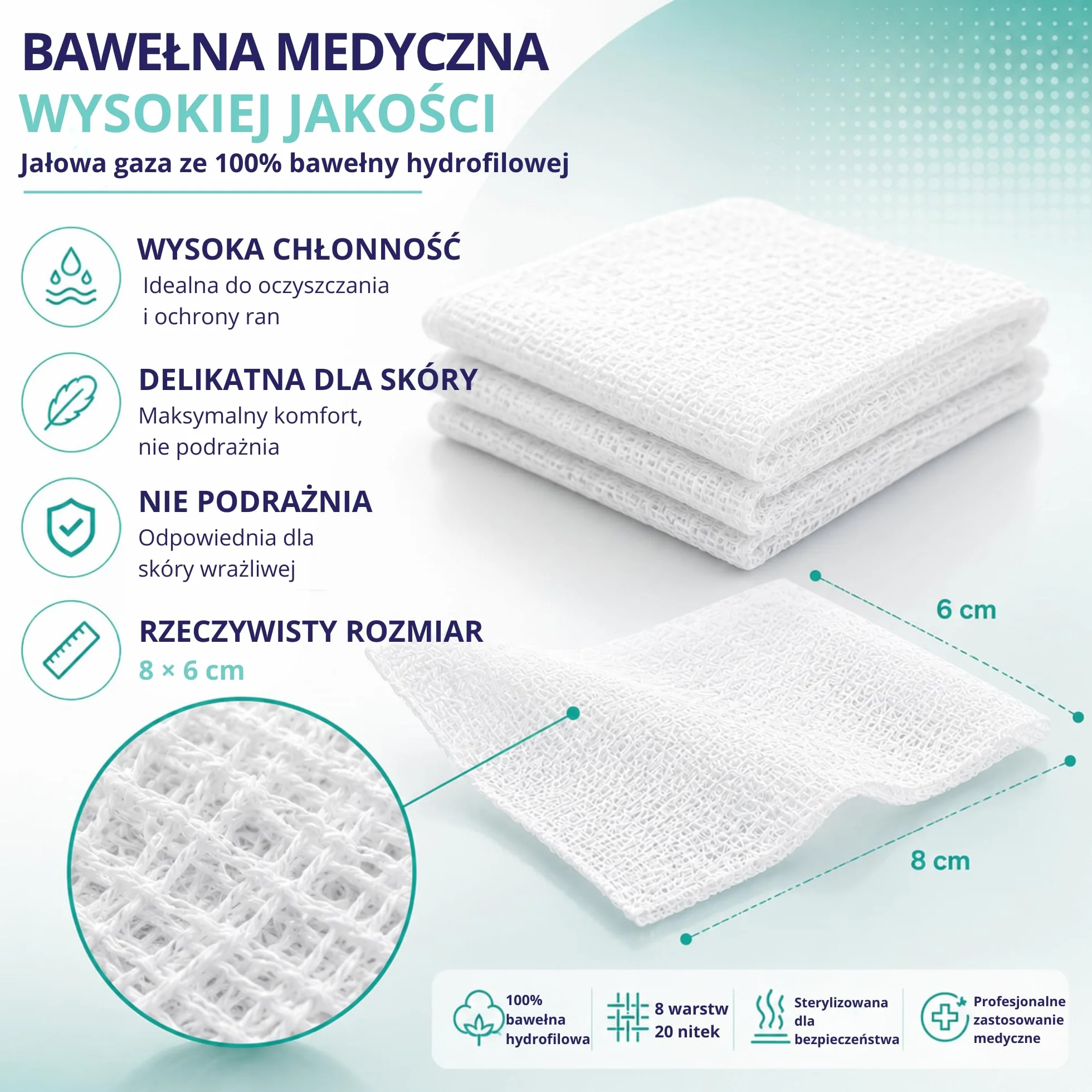 Kompresy Sterylne z Gazy 8x6 cm 50 szt. 8-warstwowa Bawełniana Jałowa Wyrób Medyczny