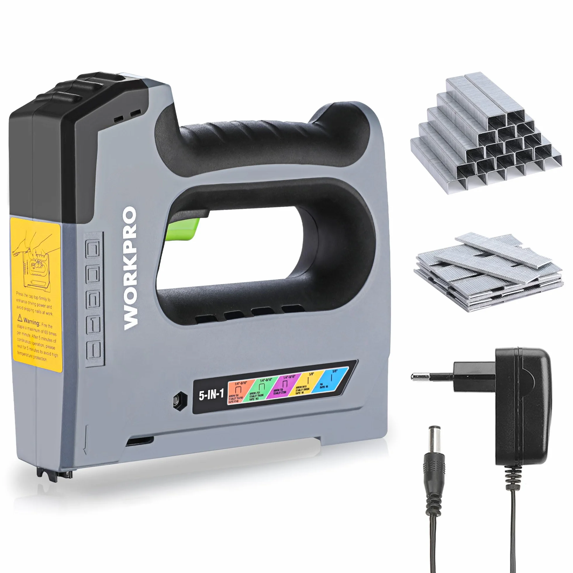 WORKPRO 5 w 1 Elektrotacker 3,6 V, Akku Tacker Pistolet do paznokci z baterią 2000 mAh, Heavy Duty Elektronagle do JT21,T50,T20,BN18,PIN w zestawie 2000 Klammern & Nägel
