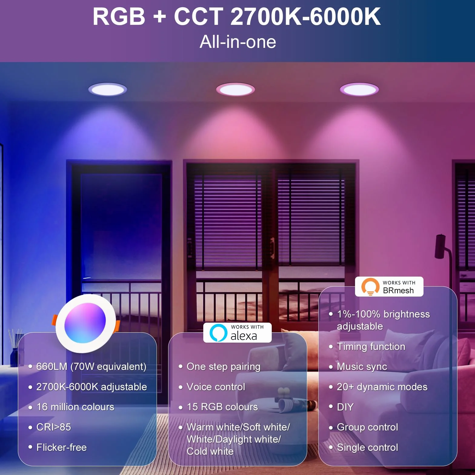 DUSKTEC Wbudowany reflektor LED Alexa Bluetooth 220 V RGB 68 mm ściemnialny 7 W IP44
