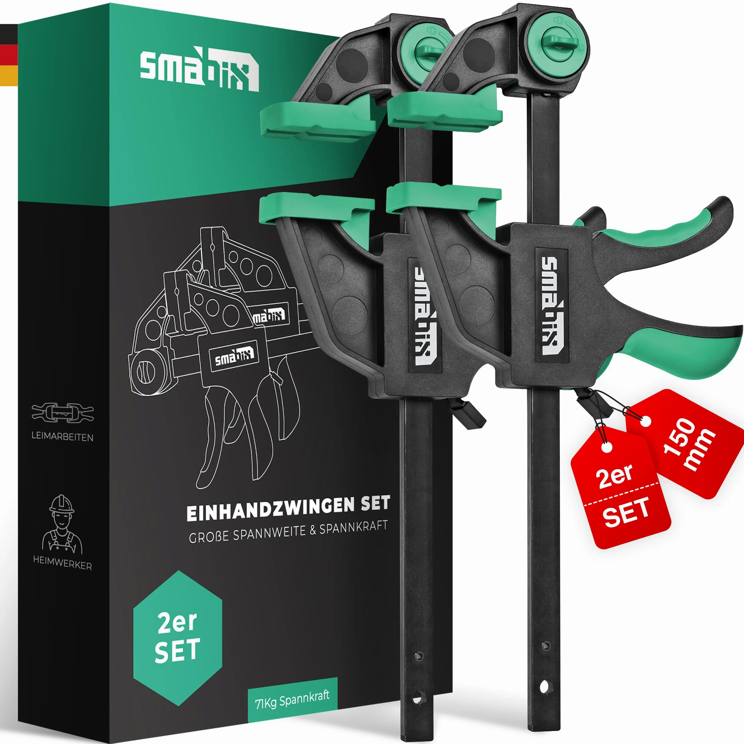 SMABIX Zaciski jednoręczne zestaw 2 szt. do napinania, rozciągania, mocowania jedną ręką, 71 kg siły zacisku, rozpiętość 150 mm, zakres rozciągliwości 135 mm – 285 mm, zacisk jednoręczny zacisk