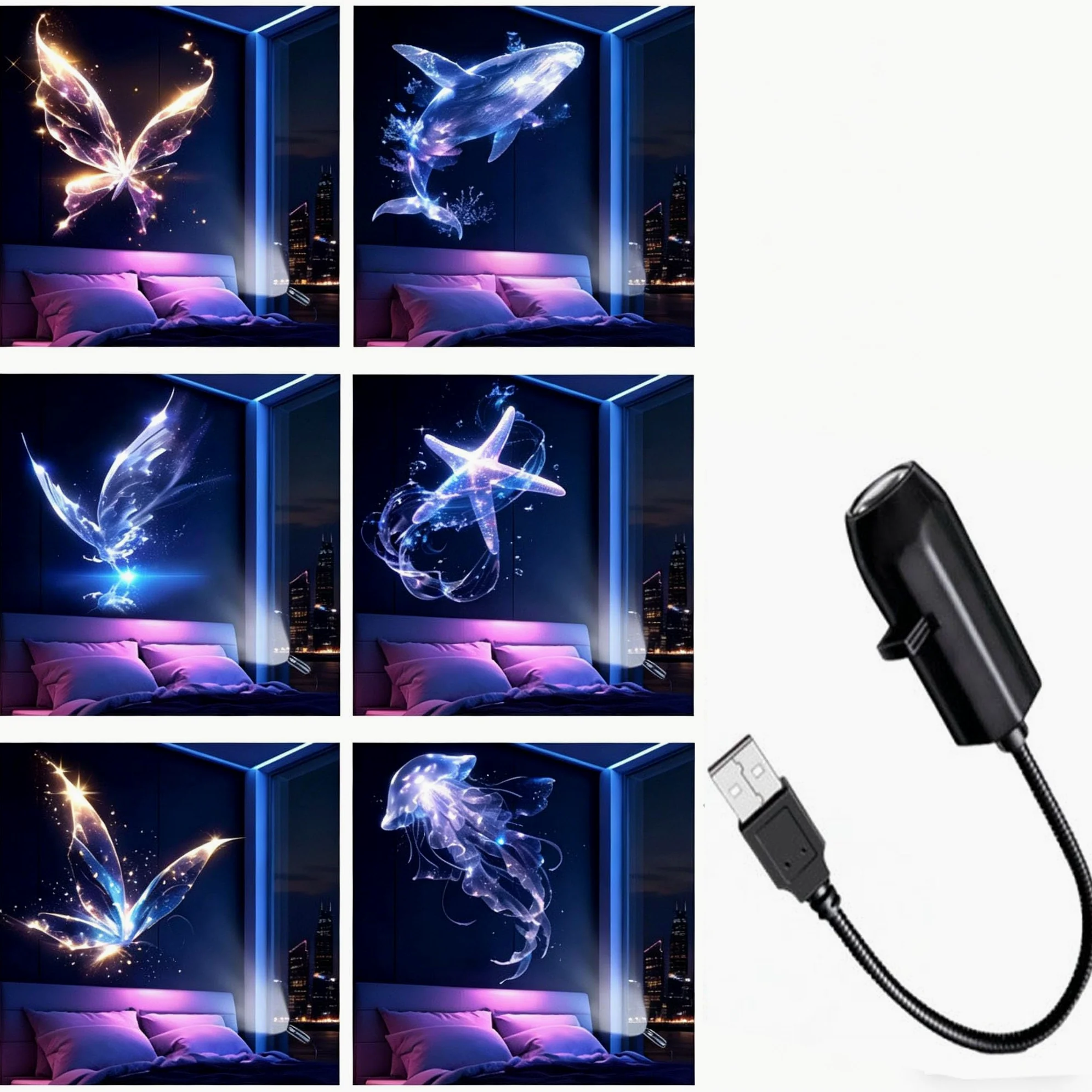 Lampa gwiaździsta do sypialni, projektor LED z 6 wymiennymi dyskami foliowymi, zasilana przez USB, romantyczna lampa galaktyka do sypialni, sufitu, dekoracja ścienna, prezent urodzinowy