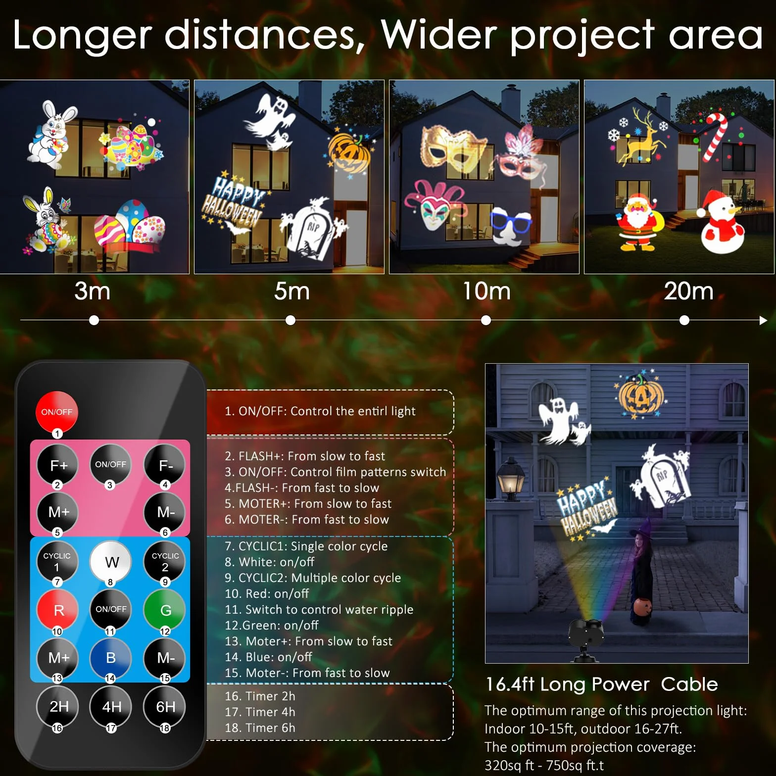 YAZEKY Christmas Projector Lights LED 16 wzorów 10 kolorów IP65 Pilot 2 w 1 Dekoracja świąteczna