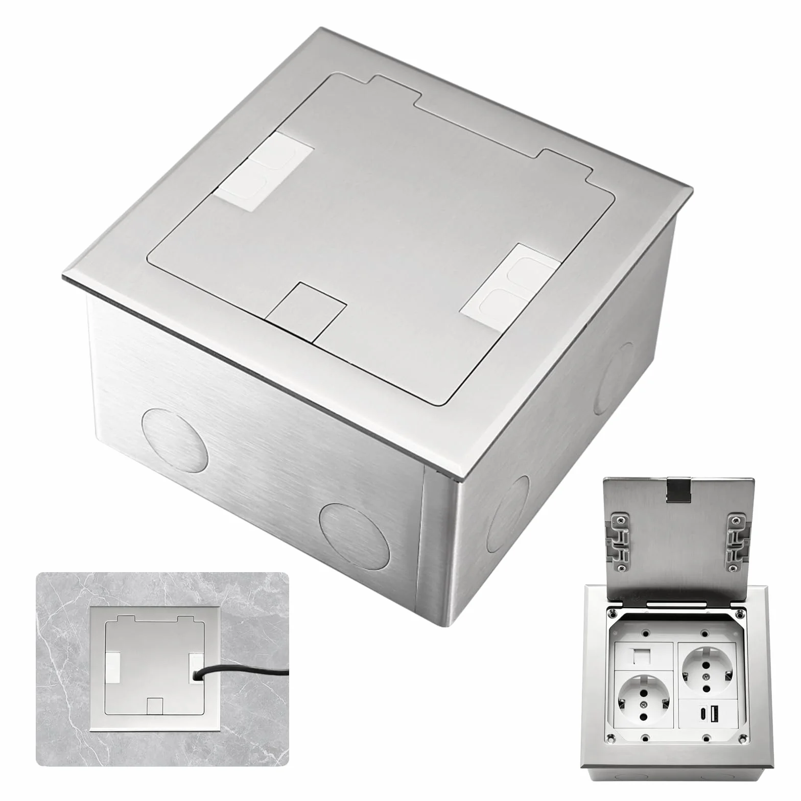 Gniazdo podłogowe do zabudowy, czarne, ze stali nierdzewnej, wodoszczelne, 2 AC + 1 USB + 1 RJ45, wpuszczane gniazdko podłogowe