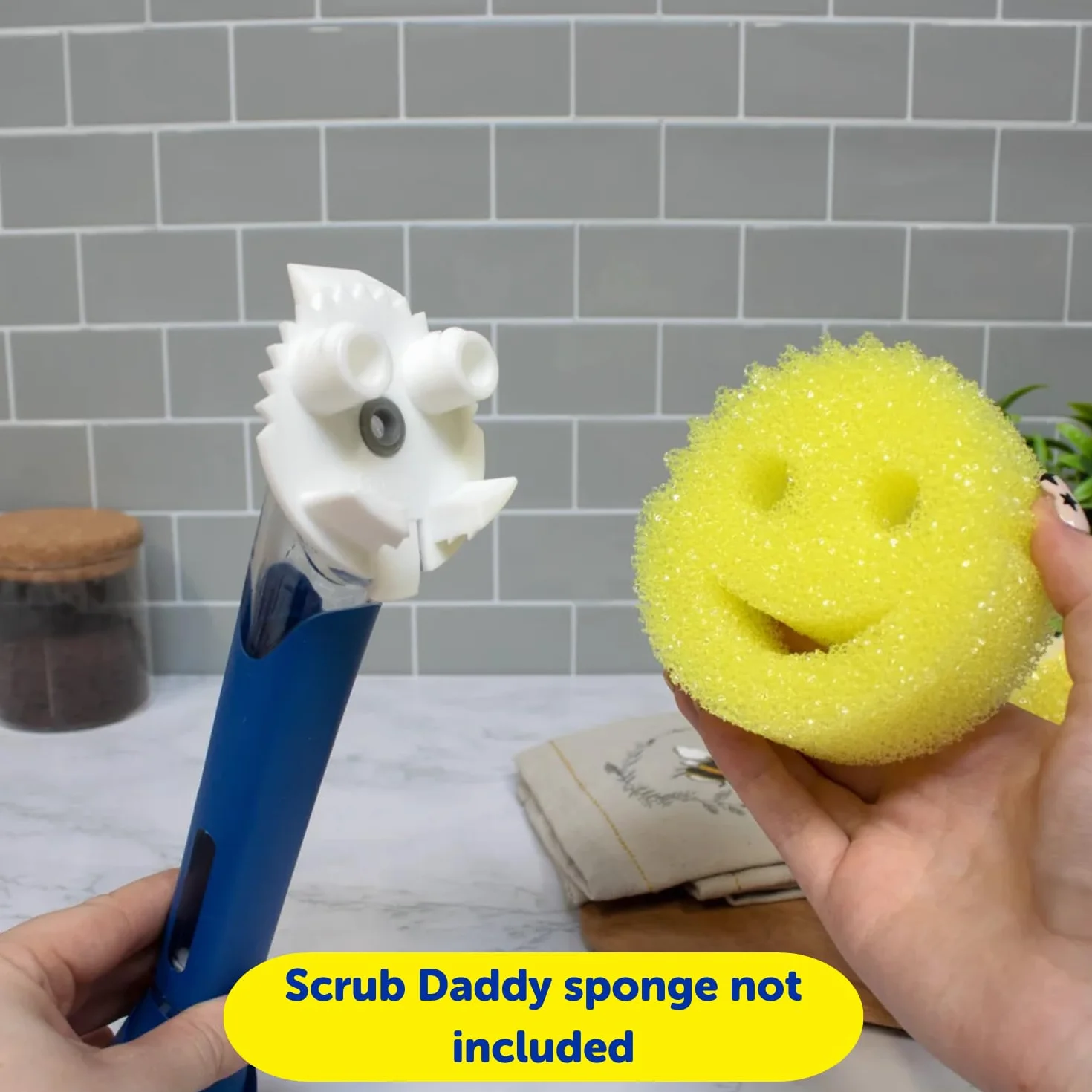 Scrub Daddy Daddy różdżka do naczyń i głowica łącząca, szczotka do dozowania mydła, zmieniająca teksturę gąbka do mycia z płynnym uchwytem, gąbka do naczyń z wbudowanym skrobakiem, głowica do