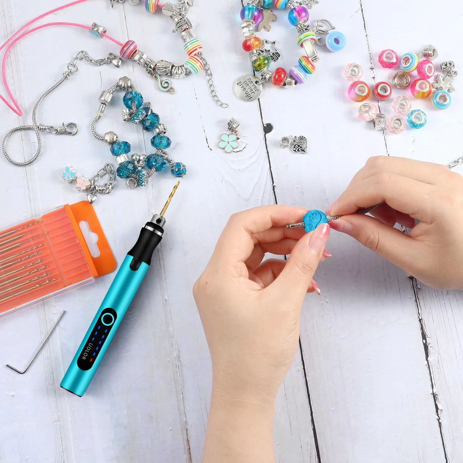 Uolor 3-biegowa mini wiertarka, akumulatorowa mini wiertarka elektryczna z 10 małymi wiertłami, mini wiertarka do żywicy, biżuteria, płytka drukowana, skóra, plastik, kamień, brelok do kluczy