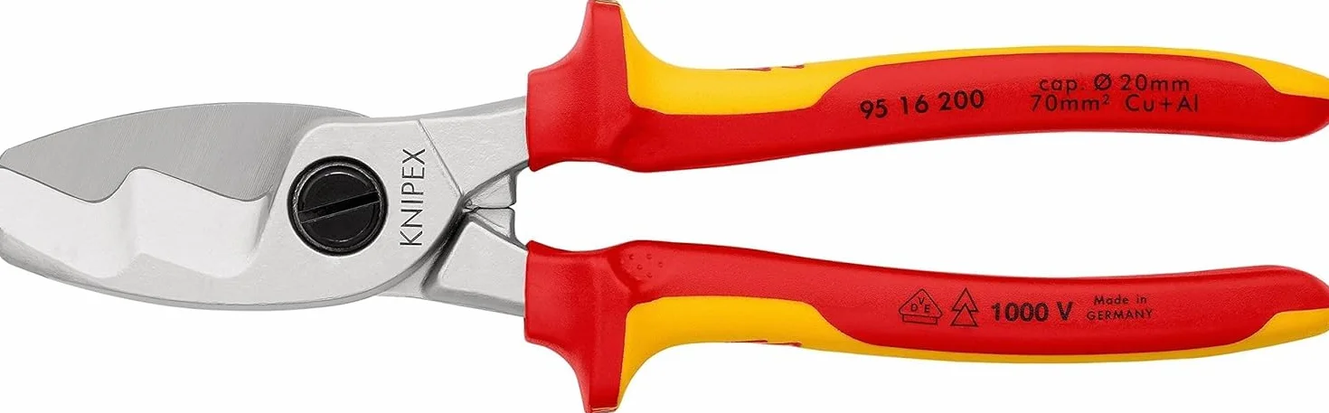 KNIPEX Nożyce do kabli z podwójnym ostrzem w opakowaniu z zawieszką chromowany z wielokomponentowymi osłonkami, izolowane wg VDE 200 mm, 95 16 200 SB