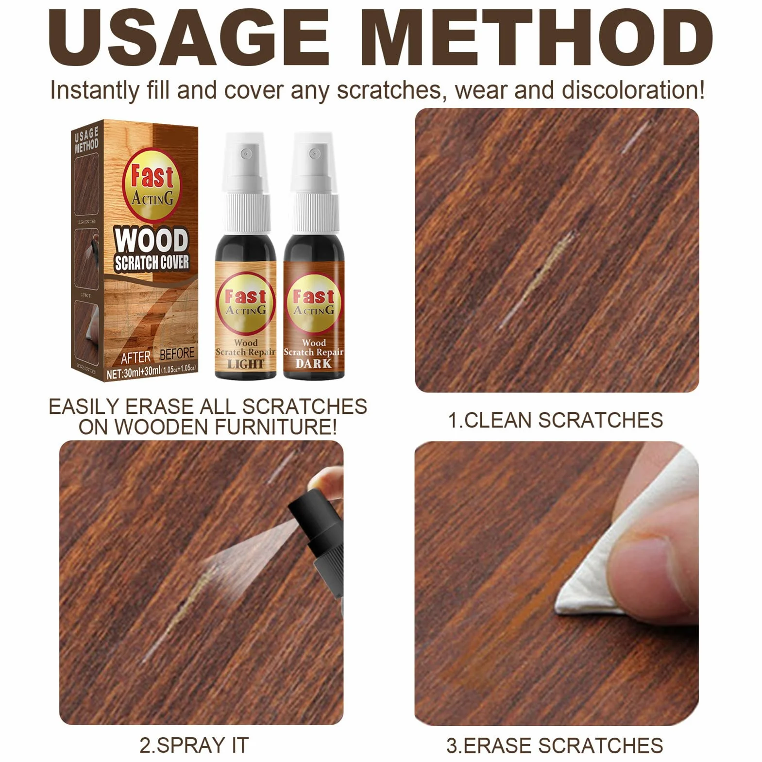 Usuwanie zarysowań z parkietu, Wood Floor Scratch Remover, 2 sztuki zestaw do usuwania zarysowań, szybko działający środek do polerowania mebli do wykańczania drewnianych stołów/łóżek/podłóg
