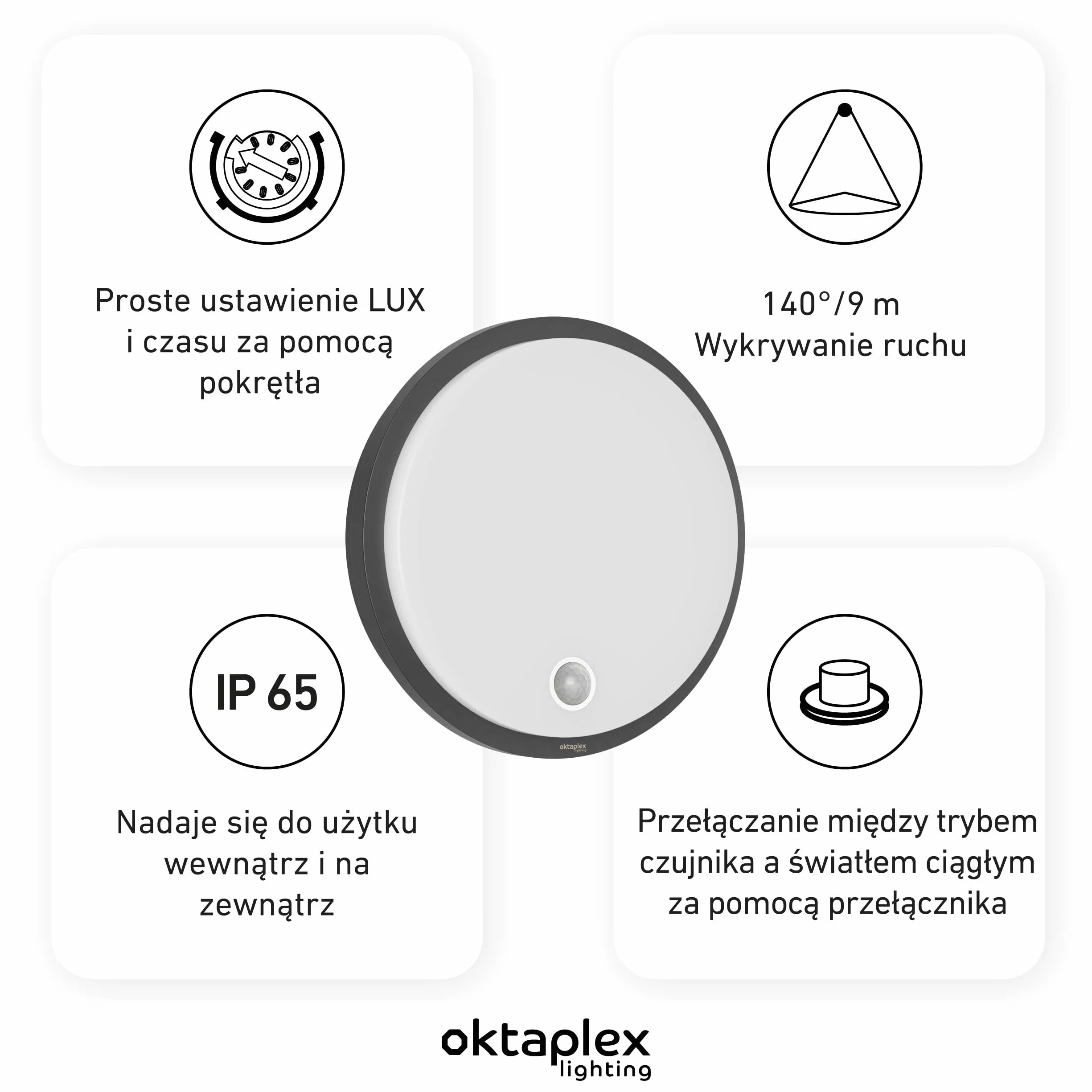 Oktaplex Plato lampa zewnętrzna z czujnikiem ruchu 3000K ciepła biel i przełącznik światła ciągłego 1010lm lampa ścienna LED IP65 okrągła antracytowa 10,5W 230V