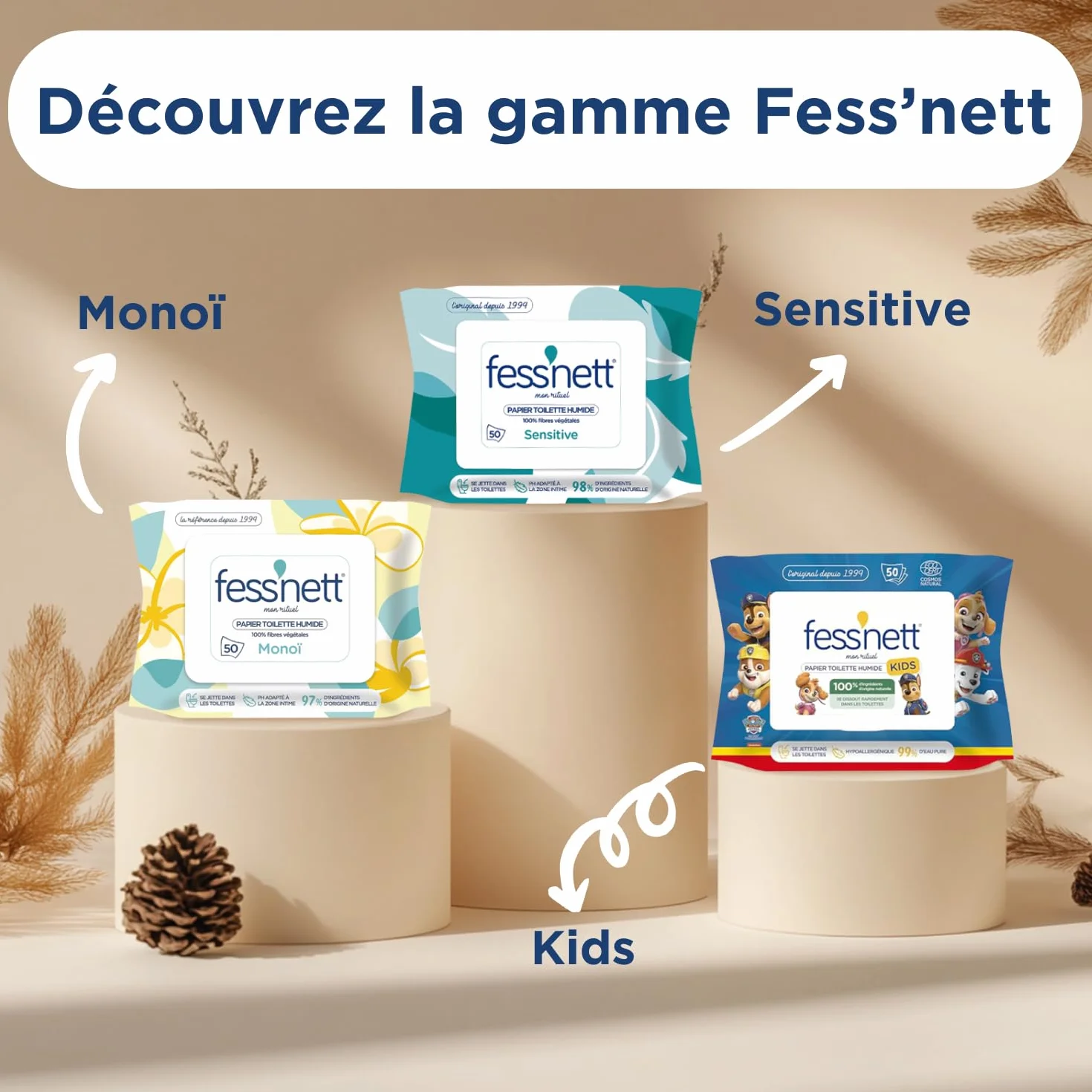 Fess'nett Natura wilgotny papier toaletowy, 50 sztuk, testowany dermatologicznie, 0% parabenów, 0% fenoksyetanol, hipoalergiczny