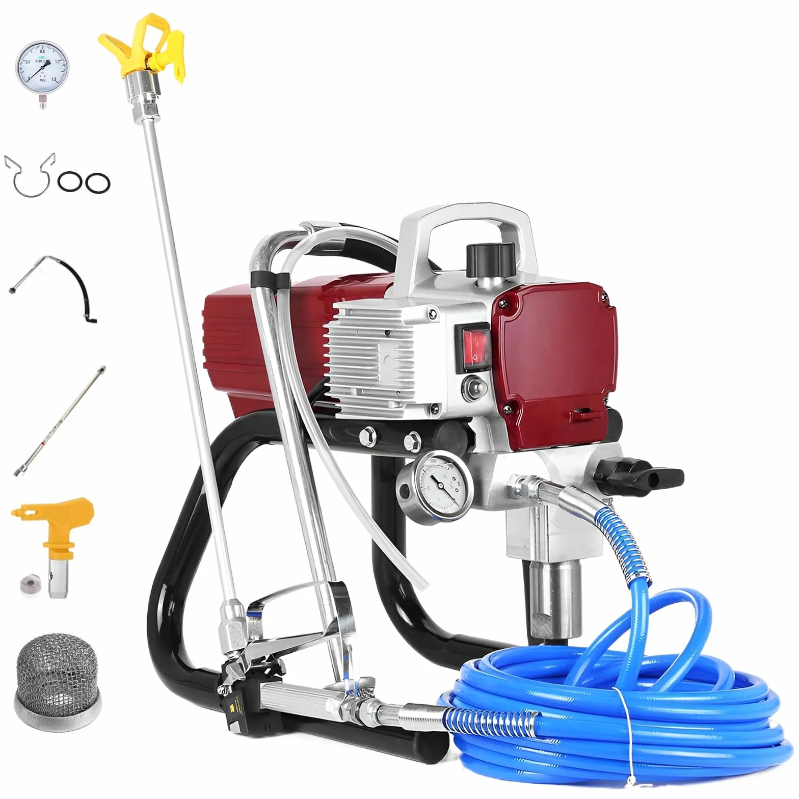 Wysokociśnieniowy Airless agregat natryskowy 1800 W, 1,8 l/min, pionowy spray do malowania z regulowanym ciśnieniem, przedłużenie 50 cm, rura 10 m, manometr do wydajnego malowania ścian