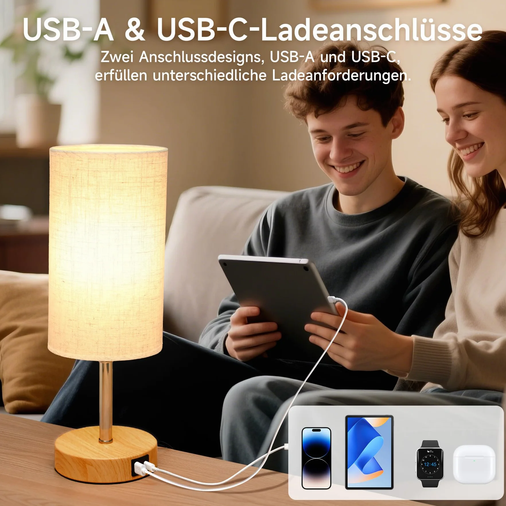 Lampka nocna dotykowa ściemniana zestaw 2 sztuk z portami USB A/C abażur lniany 3 poziomy jasności 9W