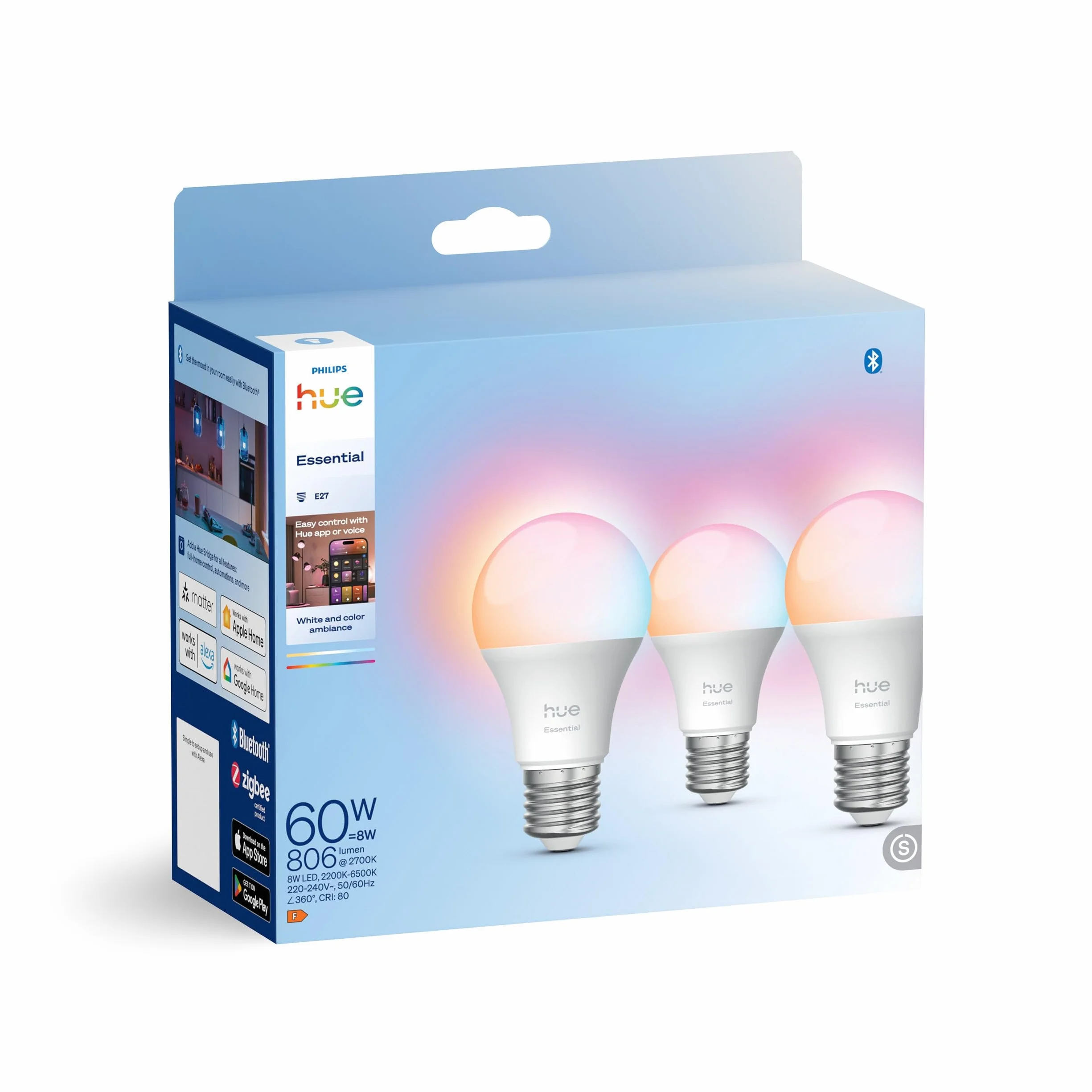 Philips Hue Essential E27 A60 żarówki 8 W, 3 szt