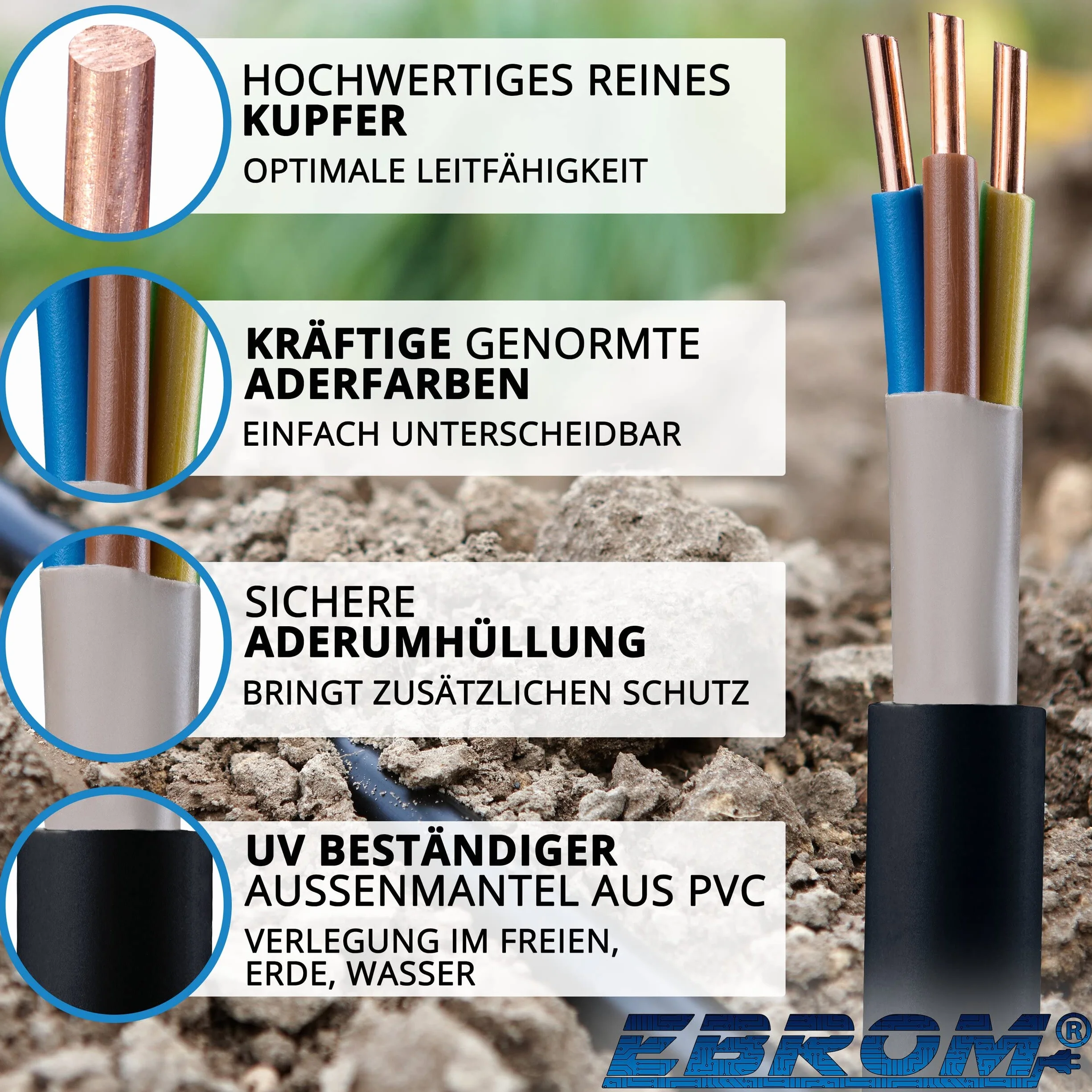 Towar sprzedawany na metry z dokładnością do metra: kabel zasilający NYY-J 3 x 4 mm² (mm2) kabel ziemny - NYY-J 3 x 4 mm² - czarny - wybór w odstępach 5 m - przykład: 10 m - 20 m - 25 m - 30 m - 35 m - 40 m - 45 m - 50 m