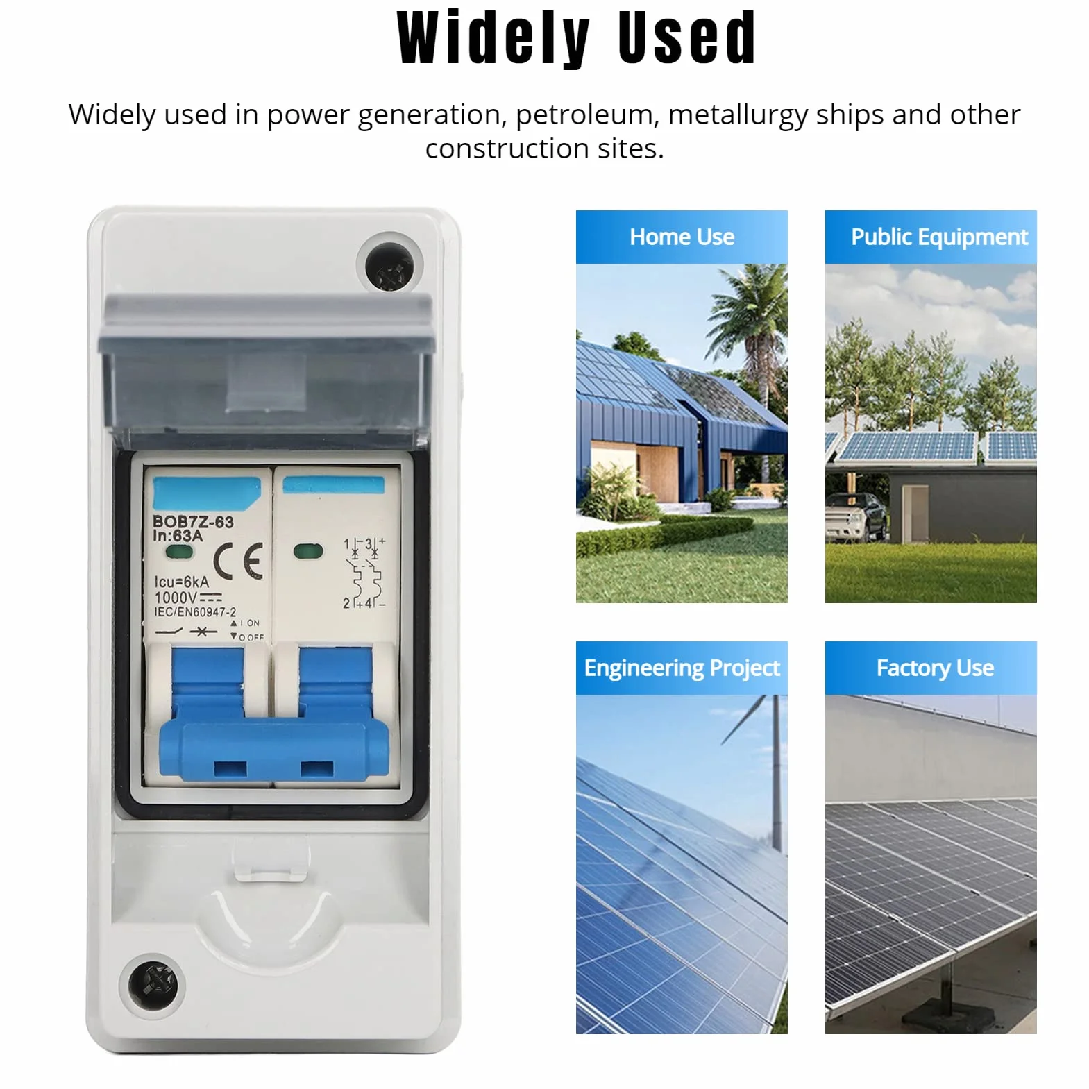 63A 1000V DC Rozłącznik, Miniaturowy Wyłącznik Instalacyjny PV DC z wodoodporną skrzynką rozdzielczą IP65, Rozłącznik Słoneczny do Paneli Słonecznych