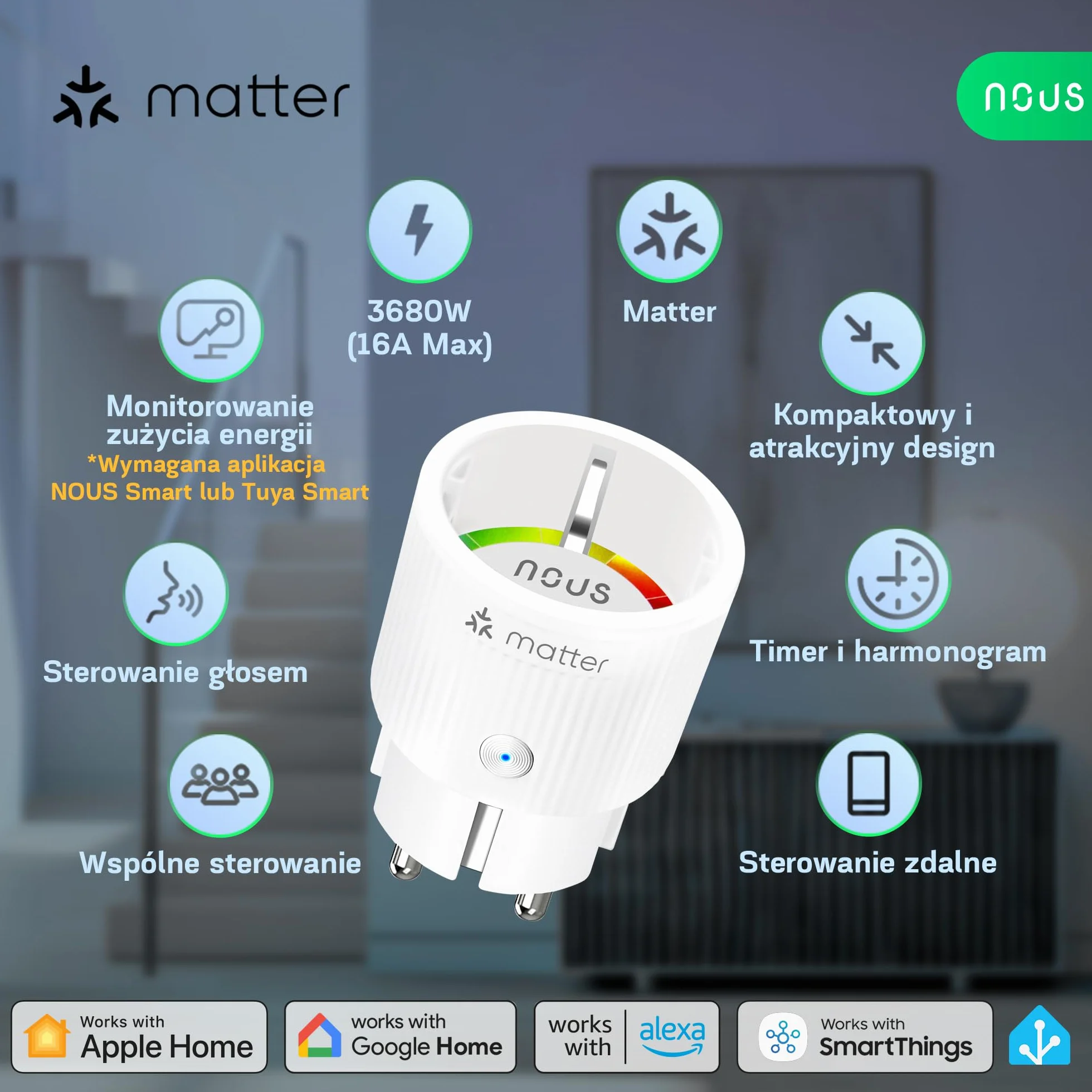 NOUS Matter Inteligentne Gniazdko WiFi z Pomiarem Zużycia Energii 16A 3840W, Kompatybilne z Alexa Google Home Tuya Apple Home, 4 szt.