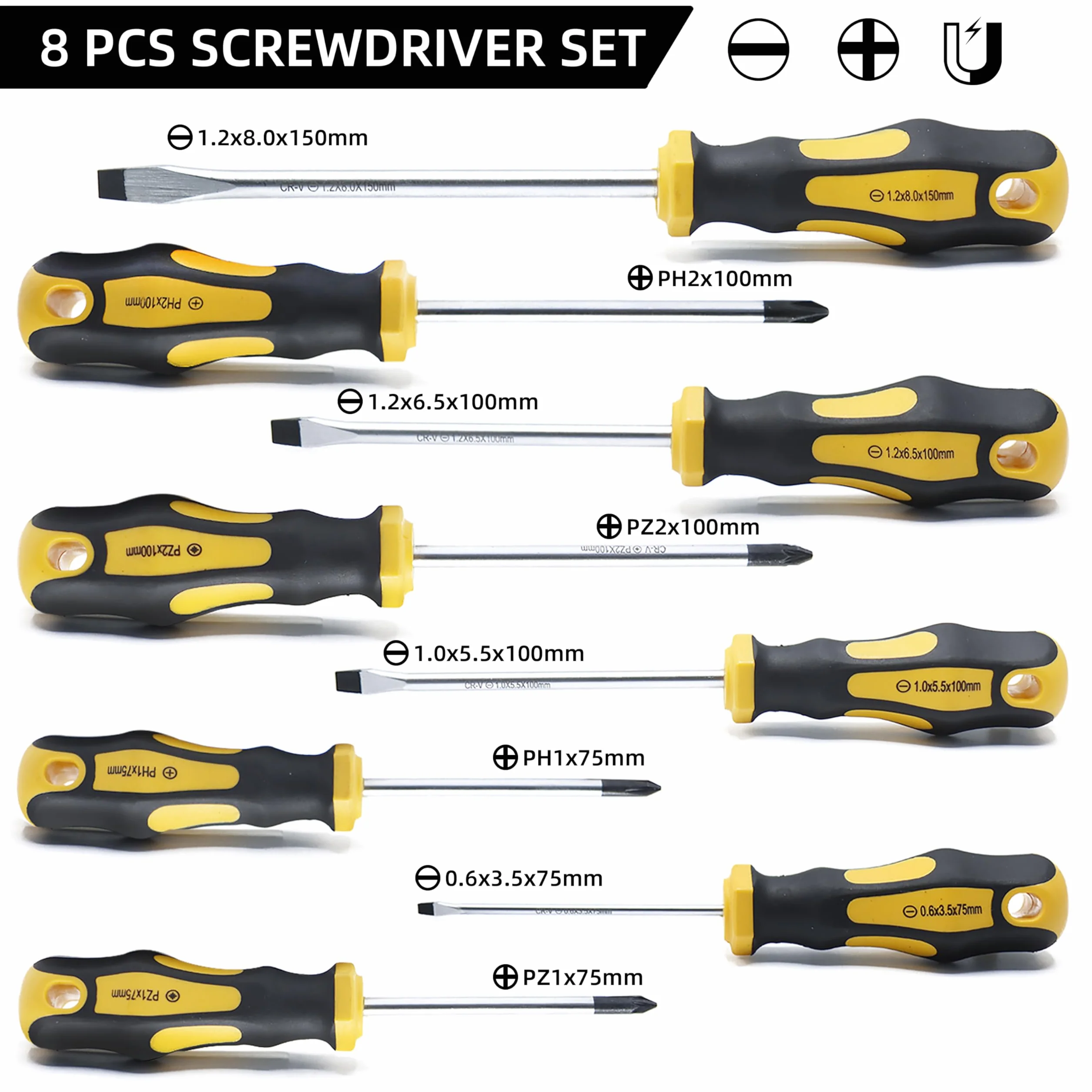 CCLIFE 8-częściowy zestaw wkrętaków magnetycznych, płaski/Phillips, chromowana