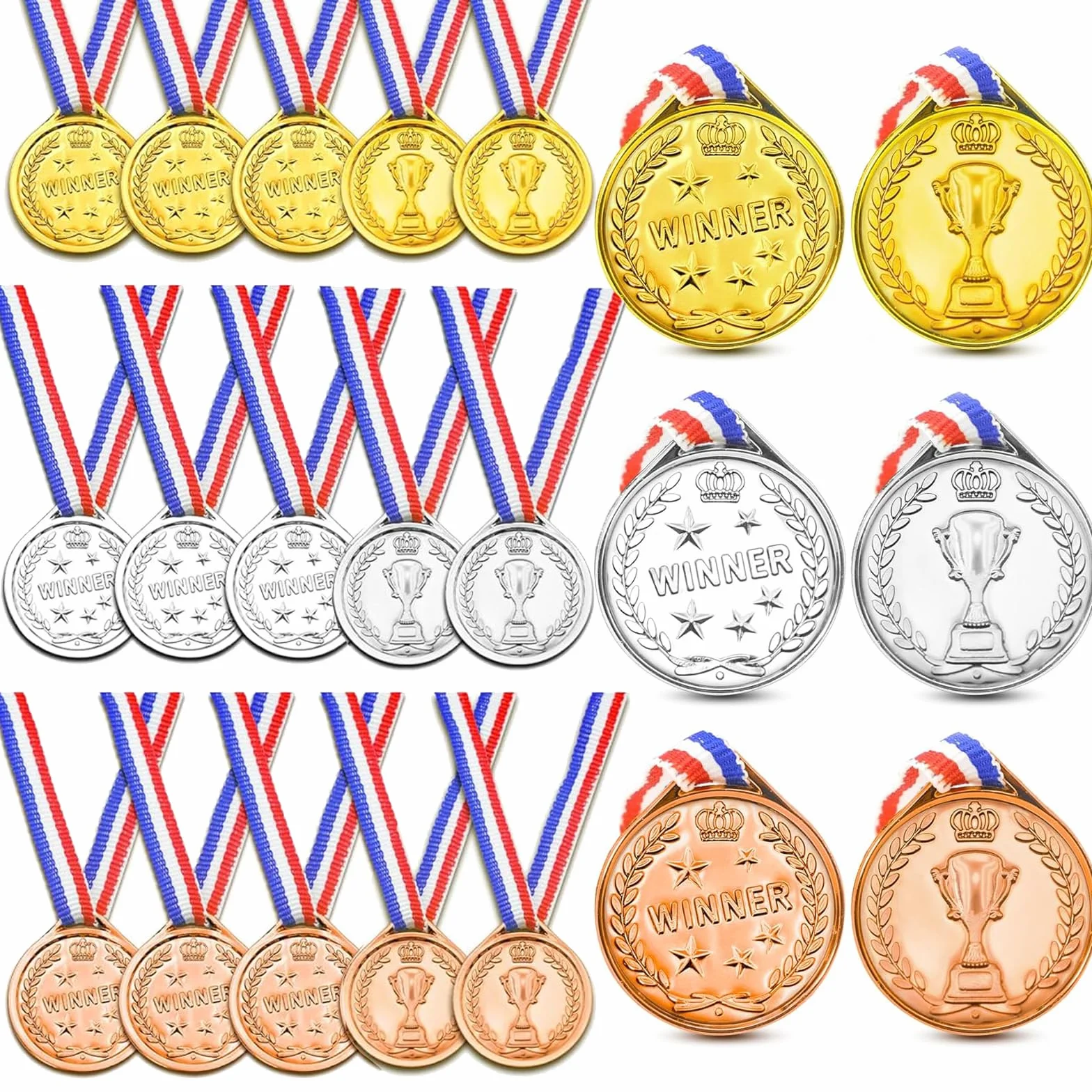 30 medali olimpijskich, nagrody na dzień sportowy, złoty medal z taśmą na szyję, plastikowy medalik do sportu, zawodów, imprez, w stylu olimpijskim, złotym, srebrnym, brązowym