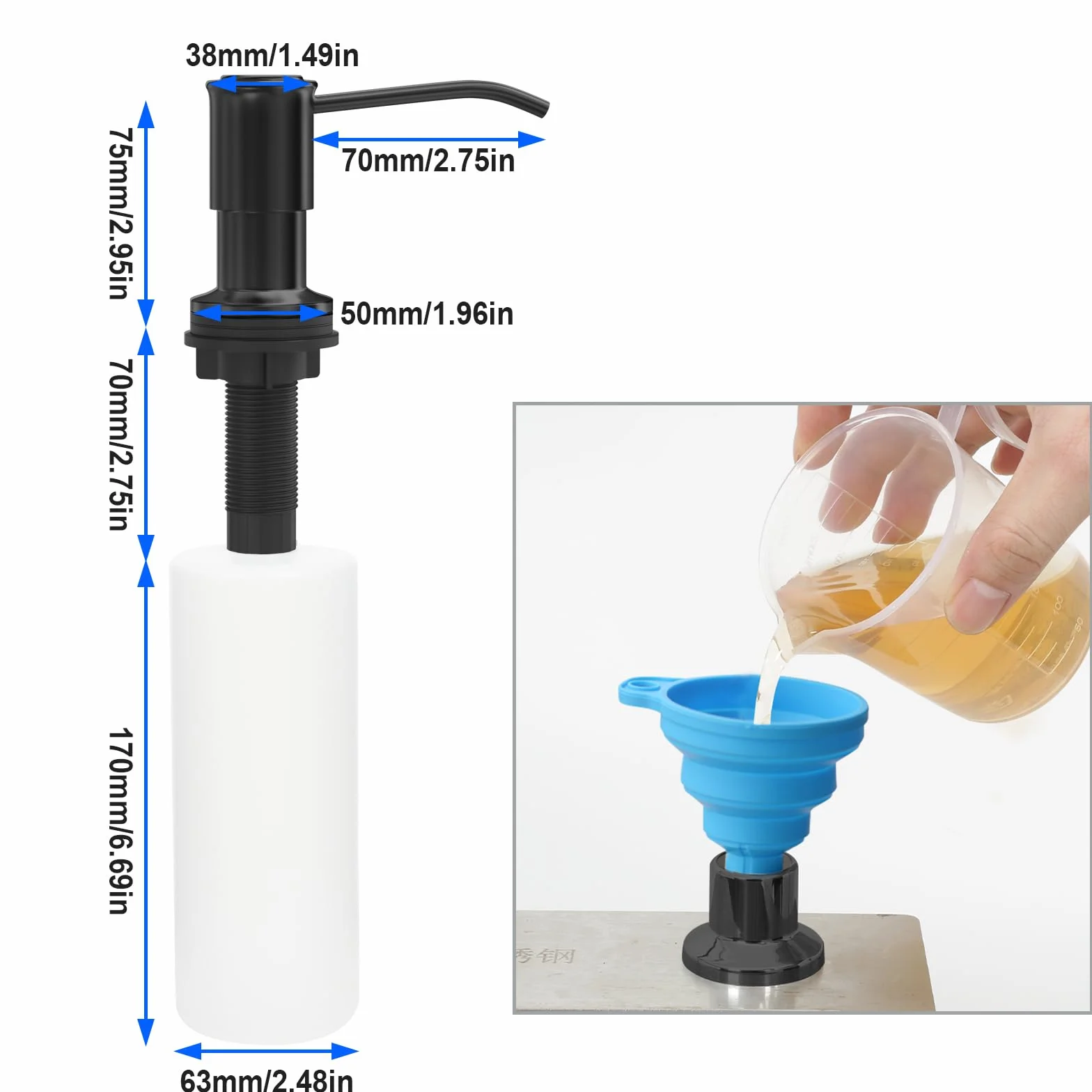 Dozownik mydła do zlewu kuchennego, dozownik mydła w zlewie kuchennym, wkład od góry, dozownik mydła do zlewu z dużą butelką 480 ml, czarny (2 gąbki do szorowania)