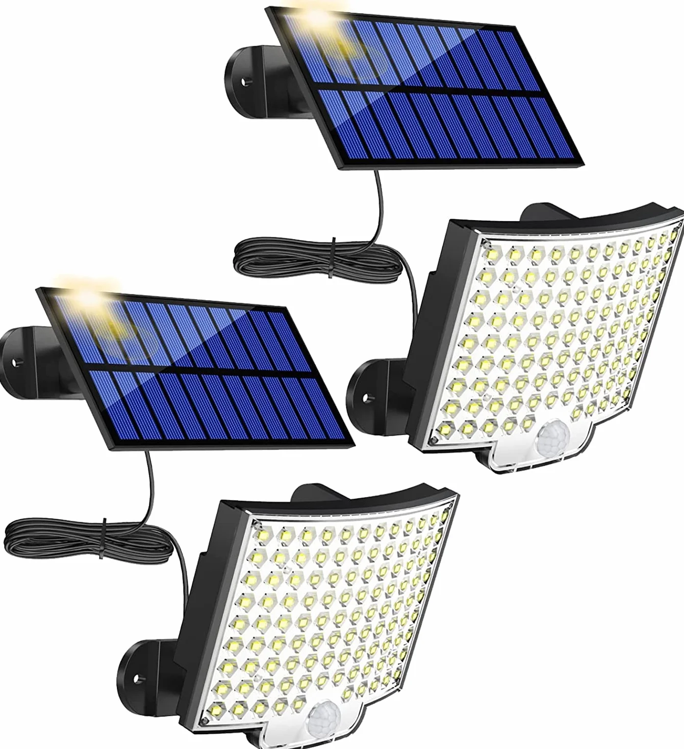 Lampy solarne MPJ do użytku na zewnątrz, zewnętrzna lampa solarna 106 LED z czujnikiem ruchu, wodoszczelność IP65, kąt świecenia 120°, solarna lampa ścienna do ogrodu, z kablem 5 m - 2 sztuki