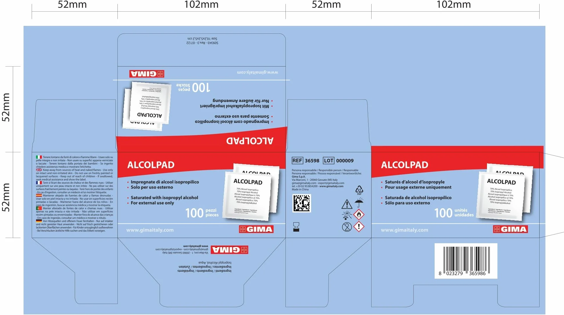 Gima - Alcomed Alkohol Pads, Tampony nasączone 70% alkoholem izopropylowym, do dezynfekcji skóry, pudełko 100 padów, 36598