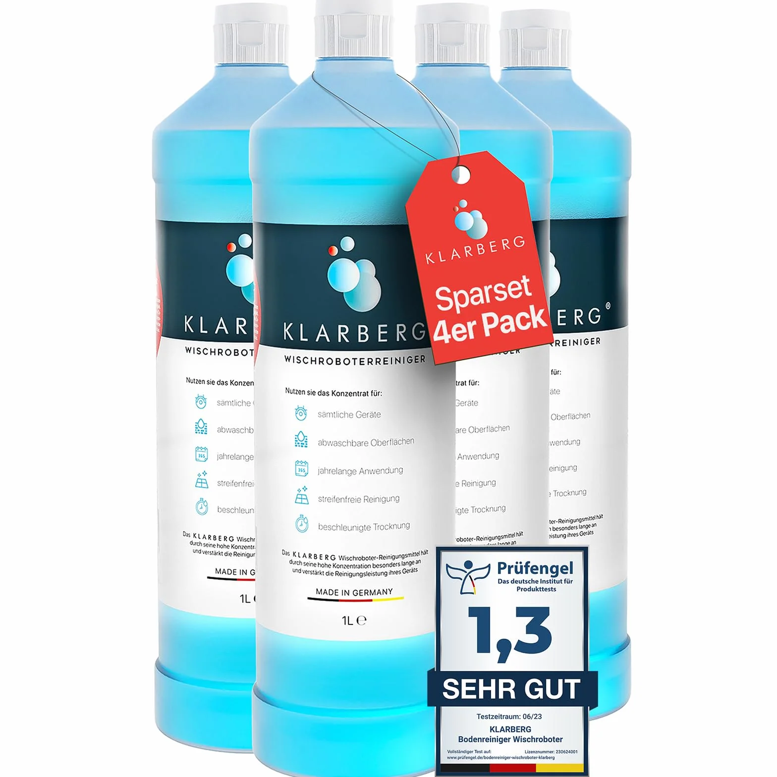 KLARBERG® 4 x 1 l środek do czyszczenia podłóg, koncentrat 1:100, świeży zapach z naszym środkiem czyszczącym do odkurzacza I środek czyszczący do robota odkurzającego, laminatu, płytek