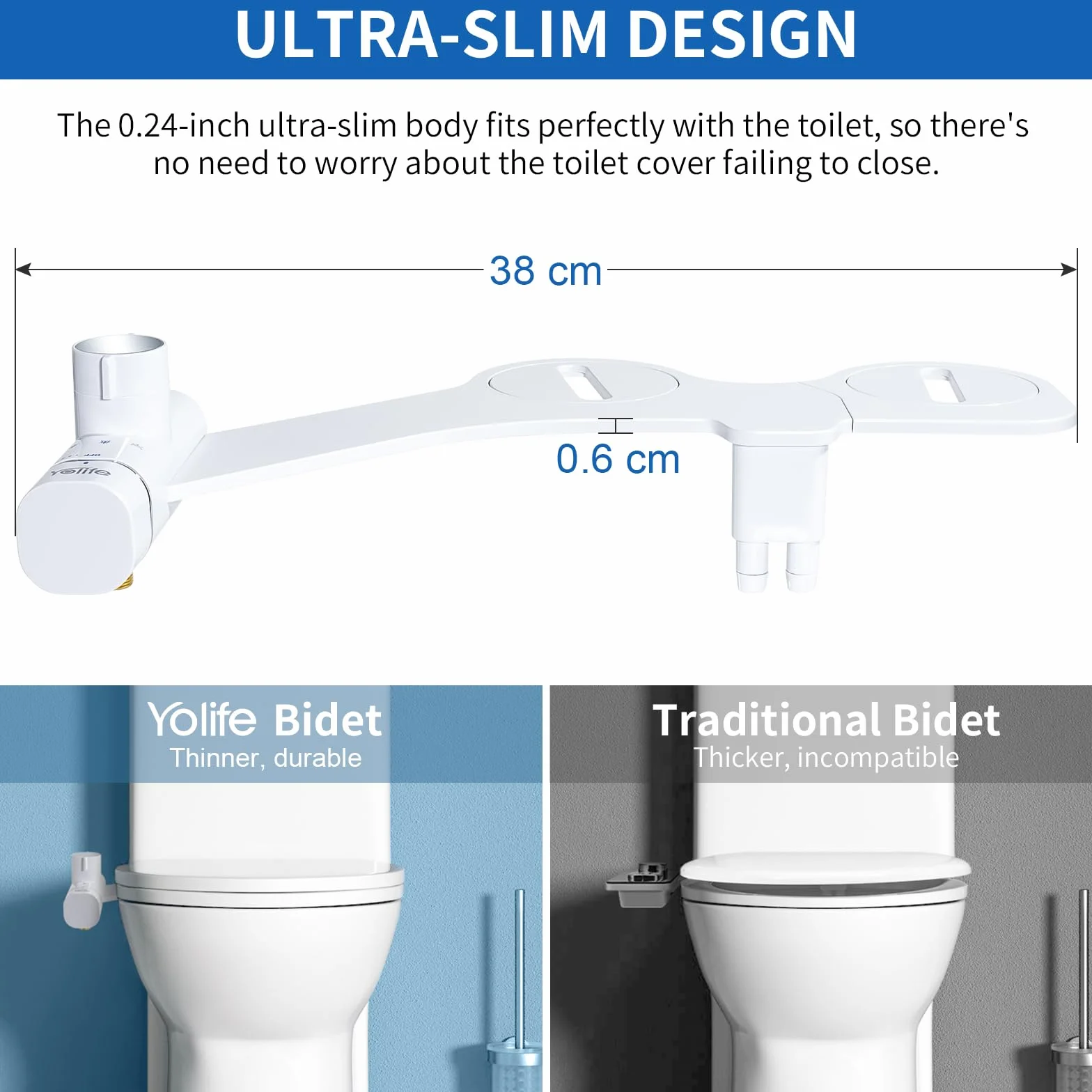 Yolife Bidet, ultracienka nasadka bidetowa do toalety z nieelektryczną, samoczyszczącą podwójną dyszą (czyszczenie tyłu/kobiece), regulowane ciśnienie wody (z wężem 2 m)
