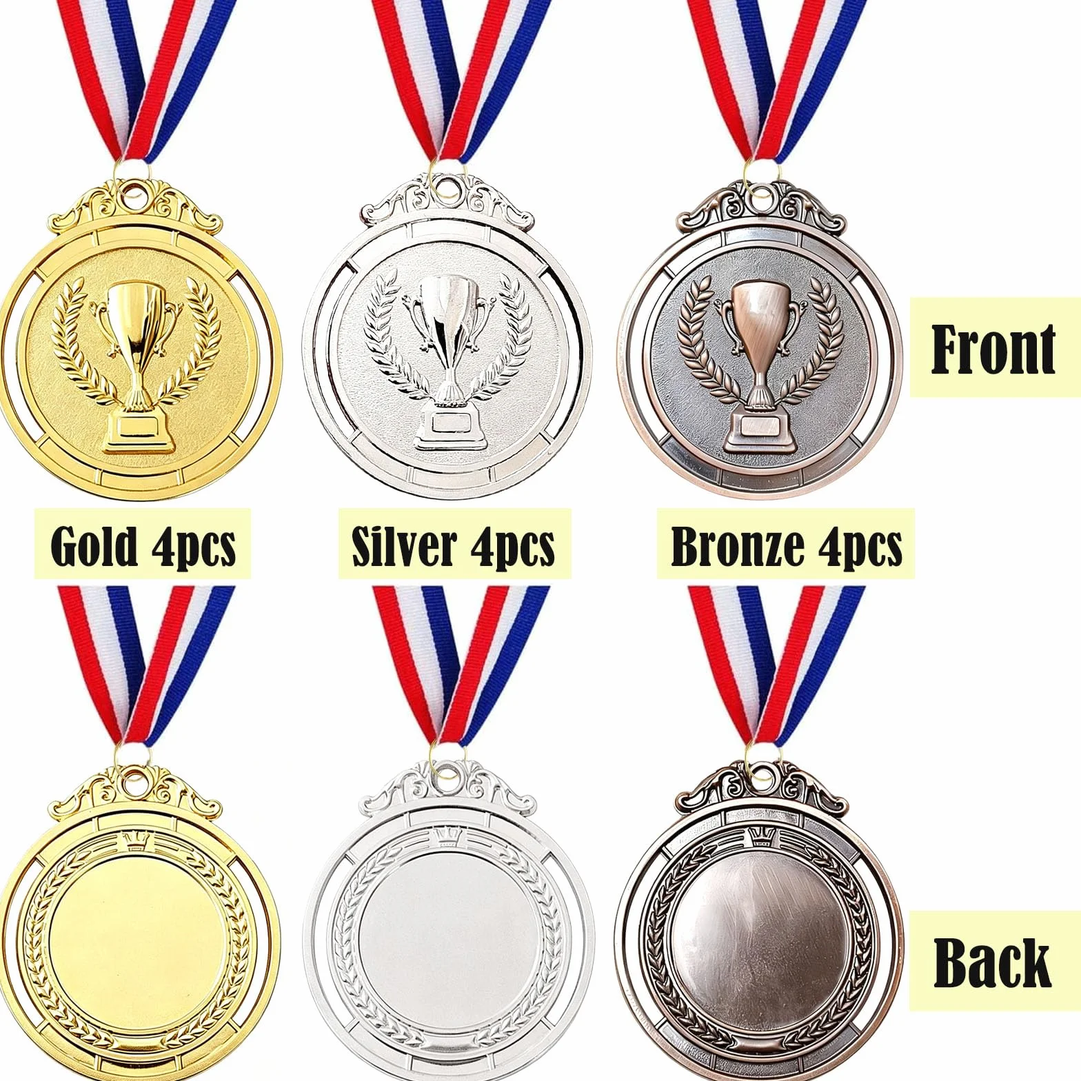 12 sztuk medali nagród, złote srebrne brązowe medale ze wstążkami na szyję, medale nagrody dla dzieci, na zawody, imprezy, sport, styl olimpijski
