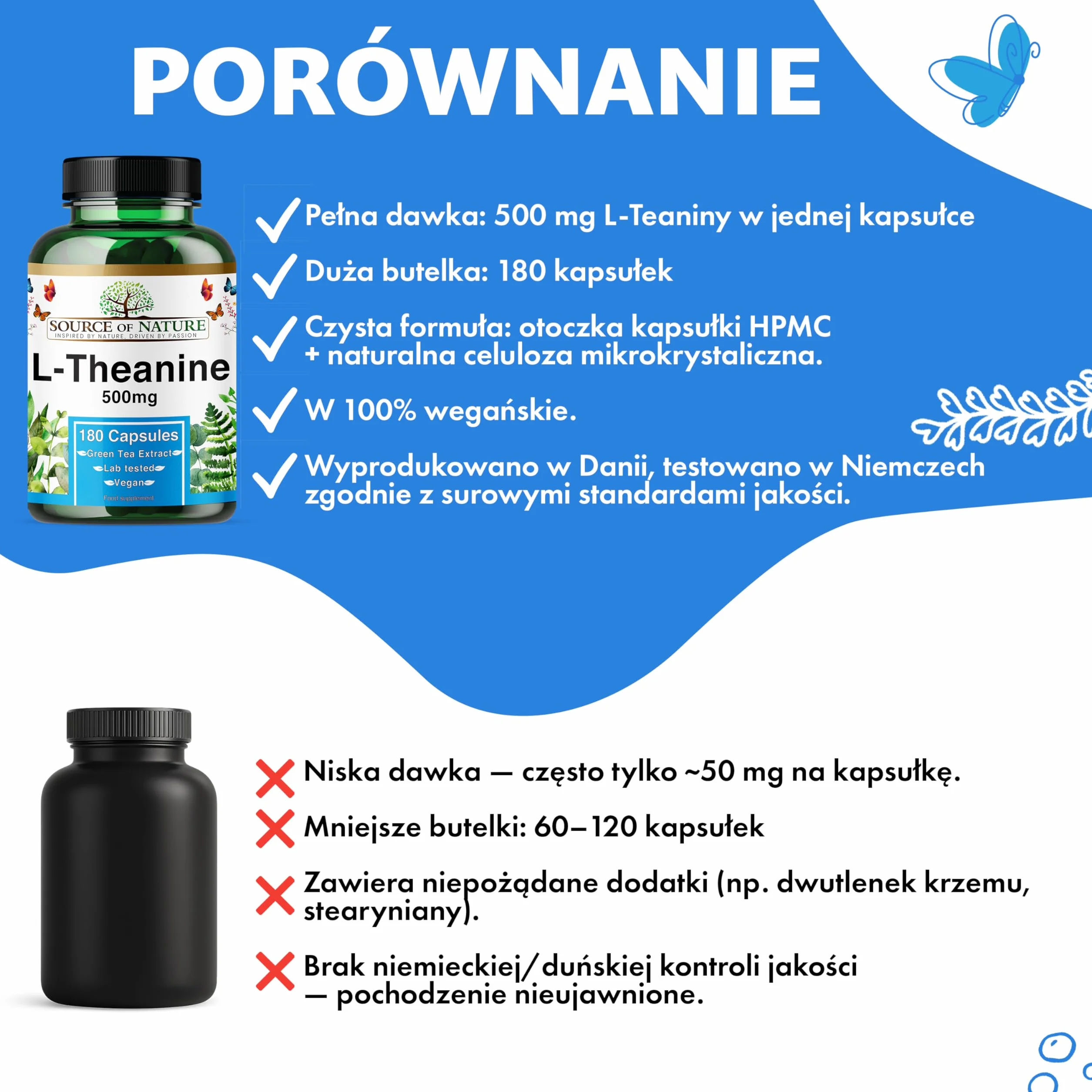 L-Teanina 500 mg – 180 Wegańskich Kapsułek – Wysoka Dawka Aminokwasu z Zielonej Herbaty | 6-Miesięczny Zapas | 98% Czystości, Bez Dodatków | Wyprodukowano w Danii