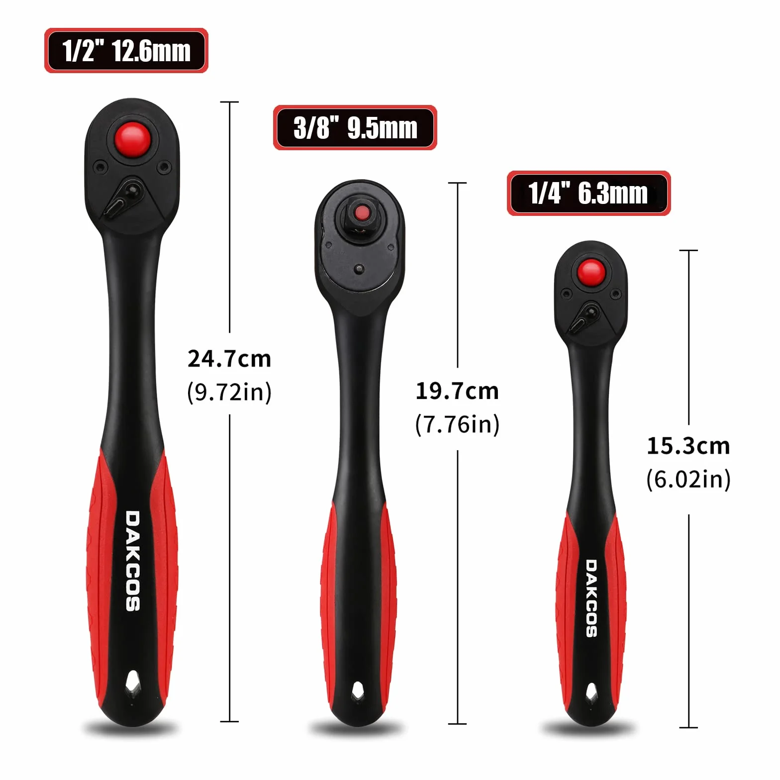 DAKCOS Zestaw kluczy nasadowych 1/4" 3/8" 1/2" z przesuniętym uchwytem kompozytowym z szybkim zwalnianiem 72 zęby