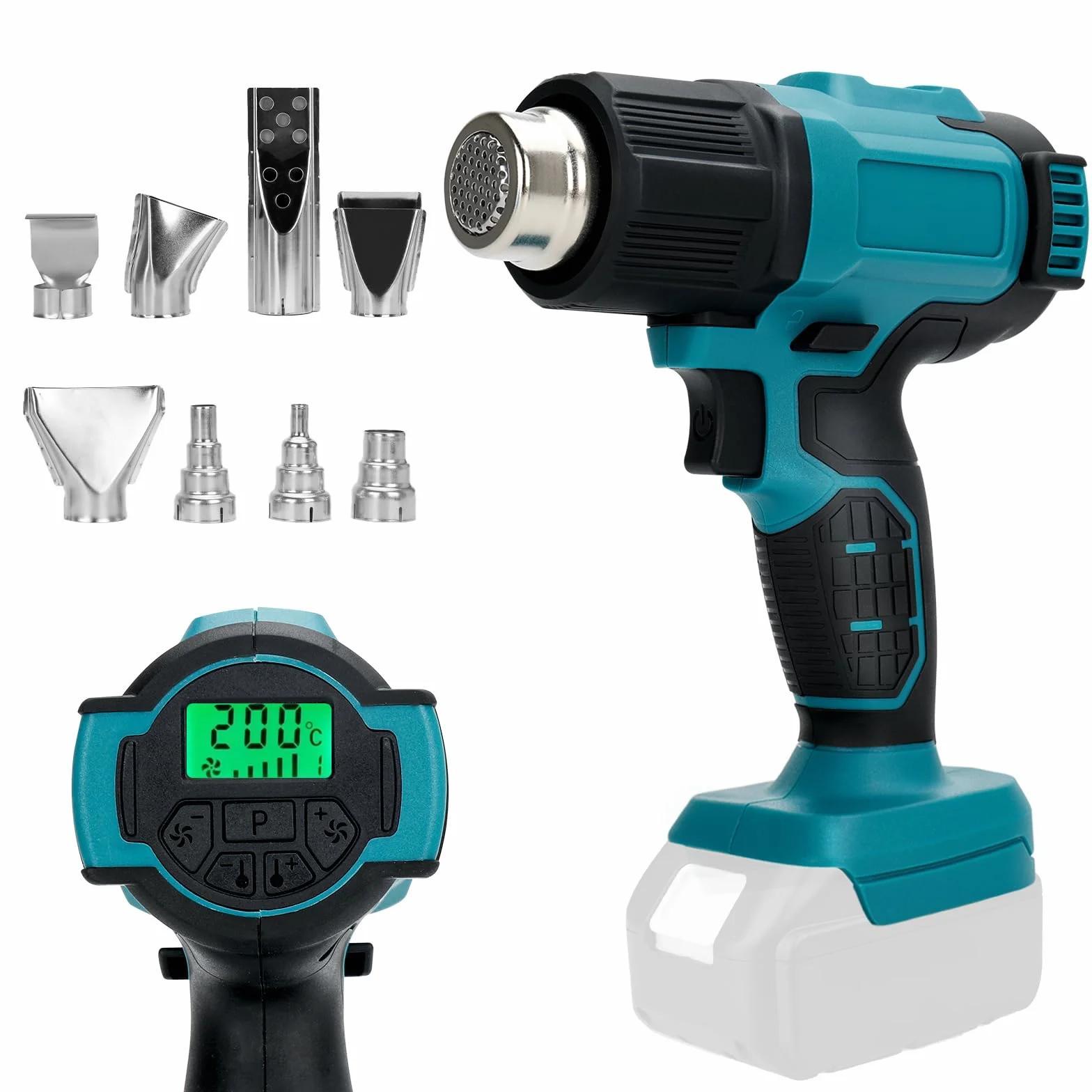 Pistolet na gorące powietrze, kompatybilny z akumulatorami Makita 18 V (nie wchodzi w zakres dostawy). Regulowana temperatura wiatru, maks. 550°C, wyświetlacz LCD, do spawania, suszenia,