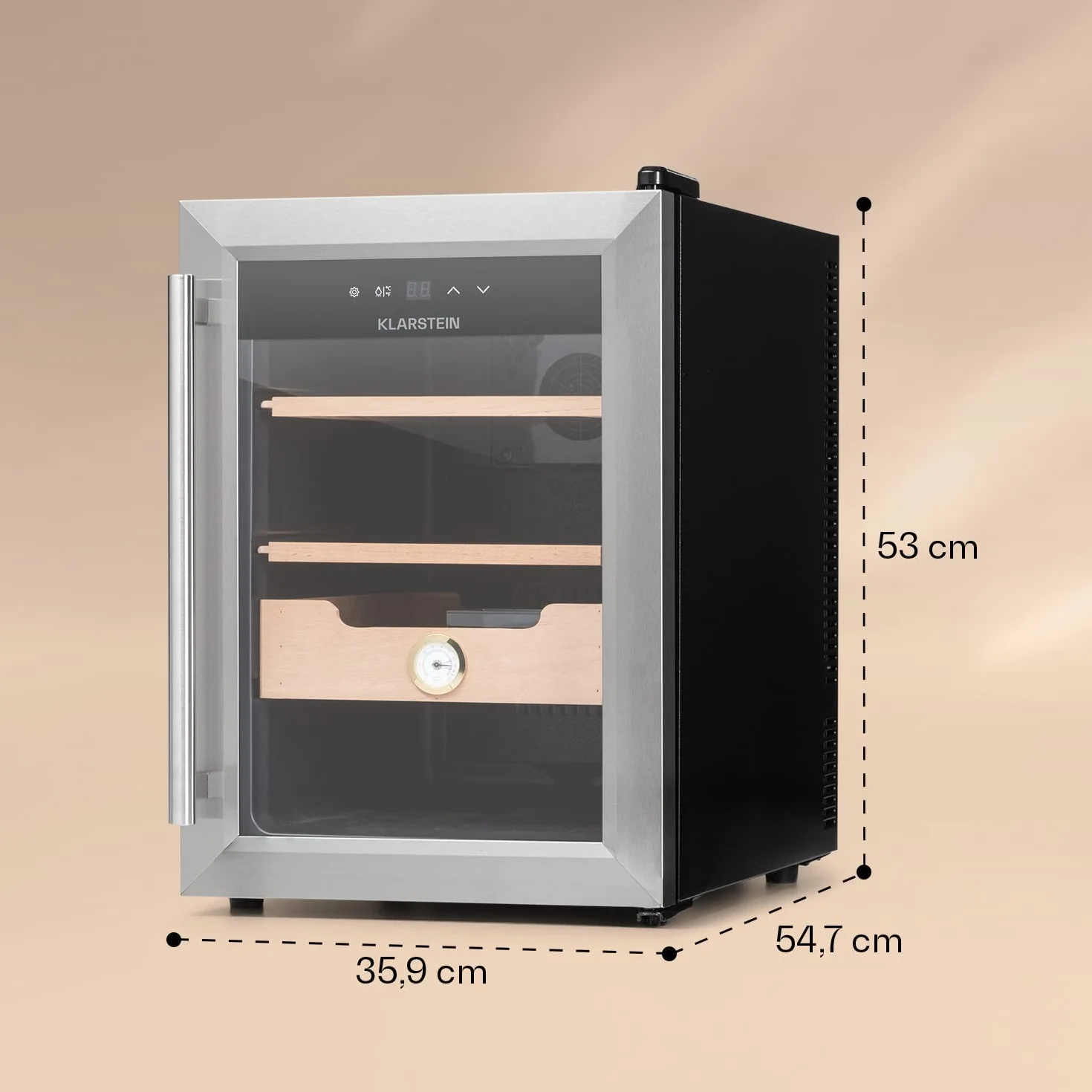 Klarstein El Presidente humidor na cygara - szafa termoelektryczna z przeszklonymi drzwiami, nawilżacz z półkami z drewna cedrowego, higrometr, oświetlenie wewnętrzne LED, 37 litrów, srebrny