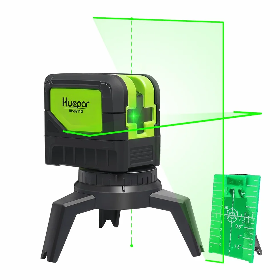 Huepar Kreuzlinienlaser Grün mit 2 Laserpunkte, DIY Linien Laser Selbstnivellierenden und Neigungsfunktion mit Lotfunktion, 15m Arbeitsbereich, inkl. Magnetische Halterung und 2 AA Batterie M-9211G
