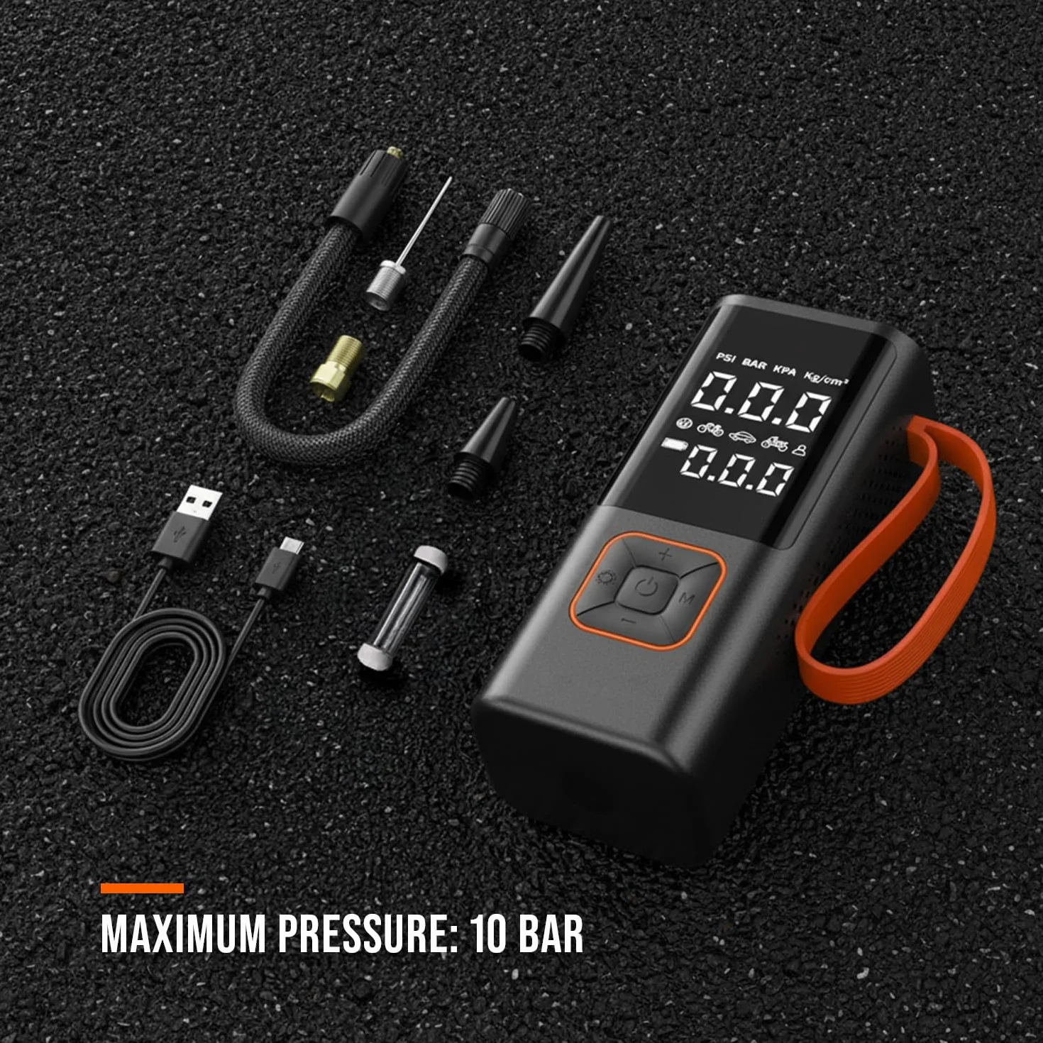 Kompresor Akumulatorowy 80W 7800mAh, Przenośna Pompka 150 PSI do Opon Auta, Roweru (Presta), Motocykla, Piłek i Materacy, Wyświetlacz LCD, Auto Stop, Latarka LED, Ładowanie USB-C, Kompaktowa Pompa