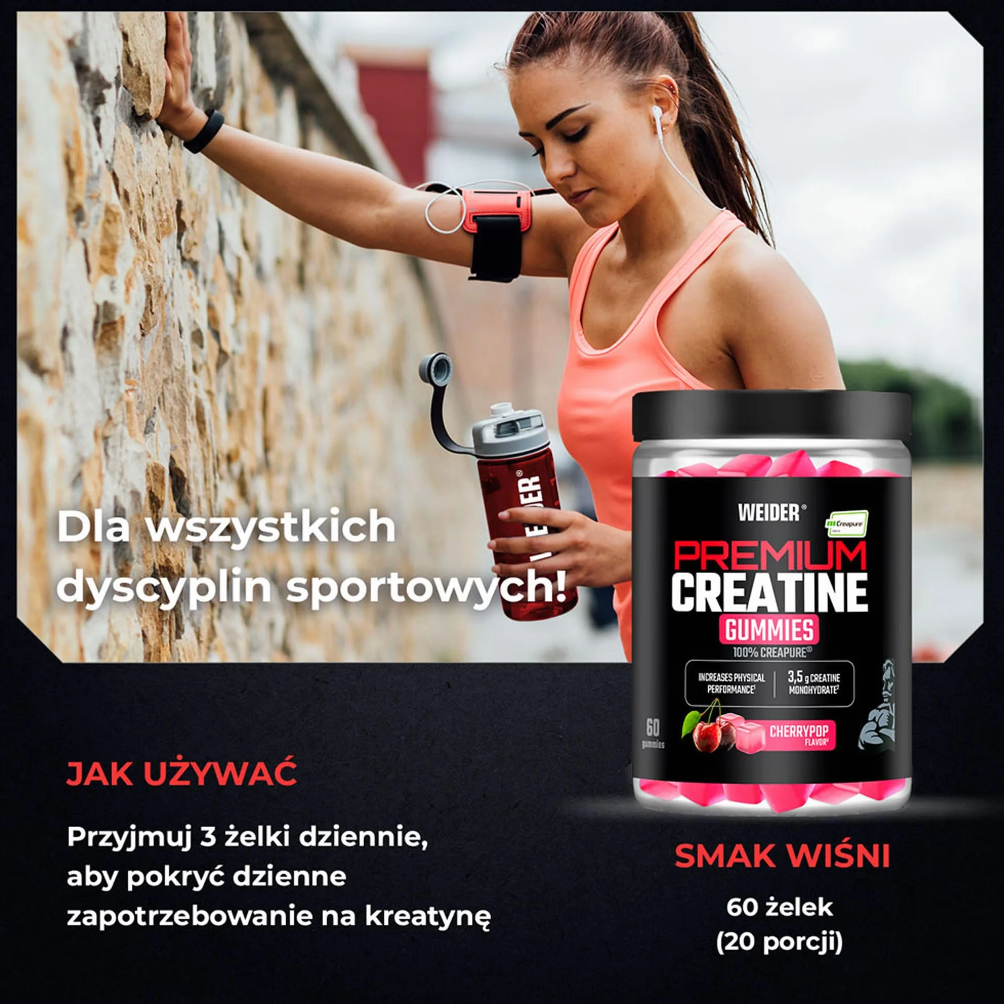 Weider Premium Creatine Gummies (60 żelek) o smaku wiśni, zawierające 3,5 g kreatyny monohydrat 100% Creapure na porcję, wspierają zwiększenie wydolności fizycznej (20 porcji)