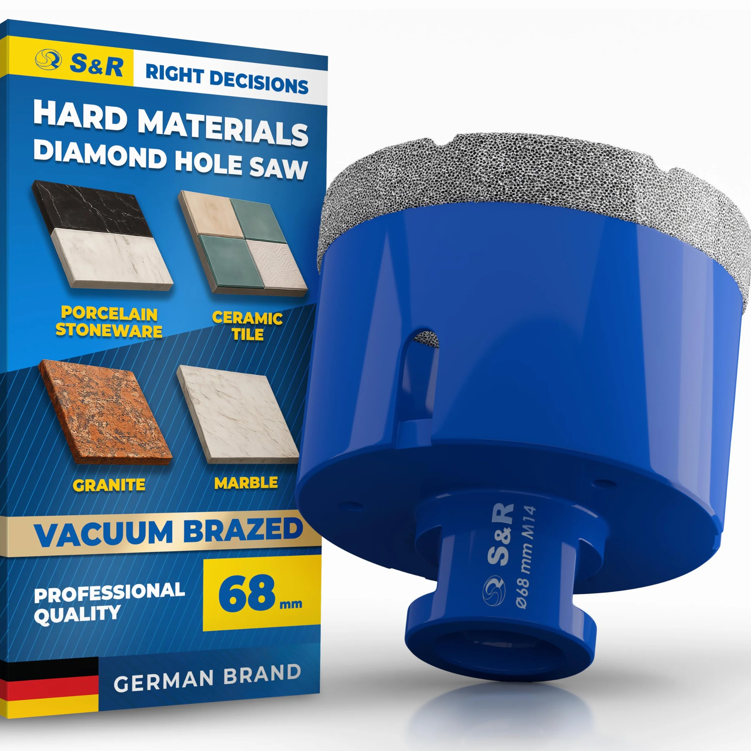 S&R Profesjonalne diamentowe wiertło do płytek 68 mm, otwornica do płytek, gwint M14, diamentowe wiertło, płytki, lutowana próżniowo koronka wiertnicza, szlifierka kątowa do ceramiki, gresu, granitu