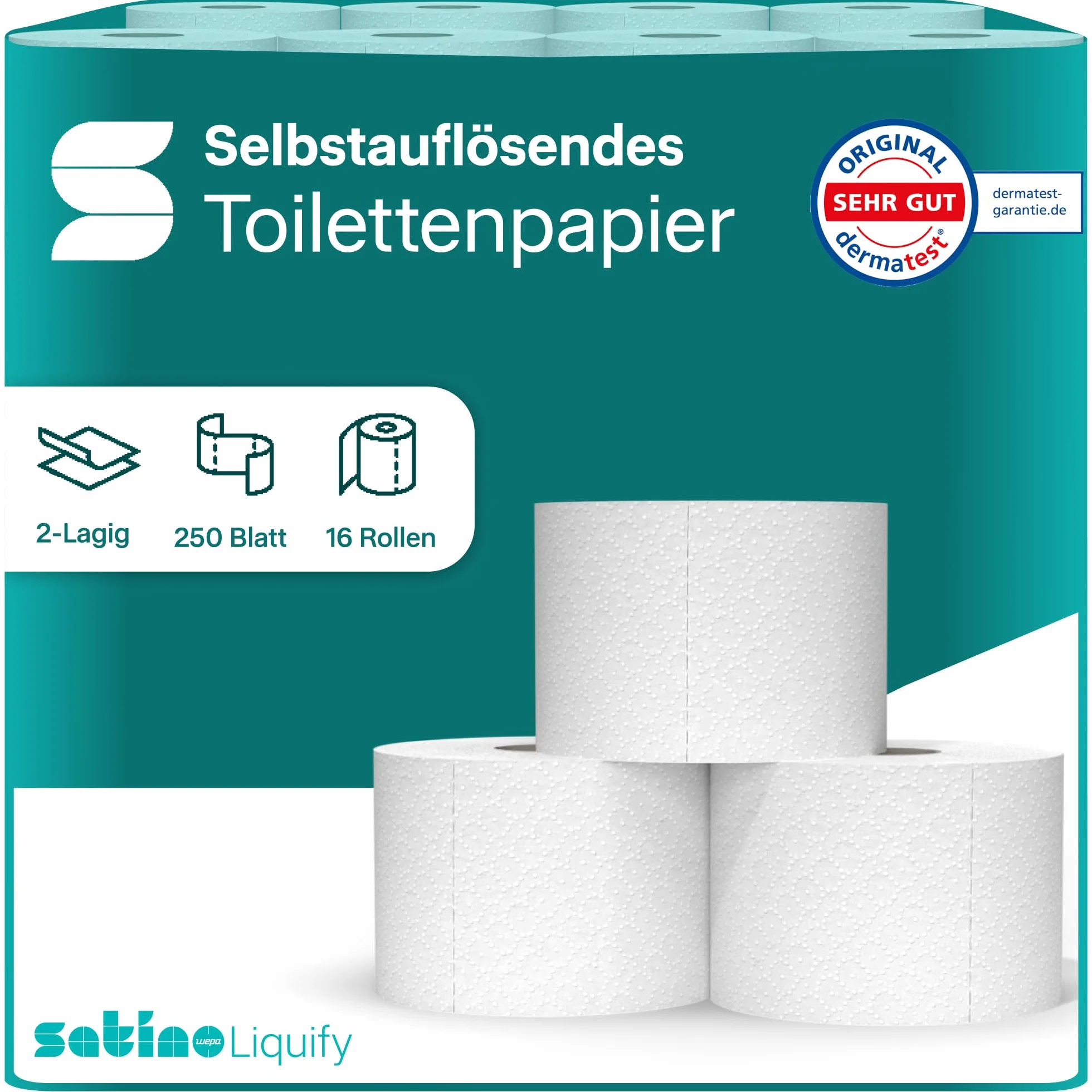 WEPA liquify papier toaletowy, samozpuszczalny – idealny na kemping, do kampera, na zewnątrz, statek wycieczkowy, podróż – 16 rolek po 250 arkuszy 2-warstwowych