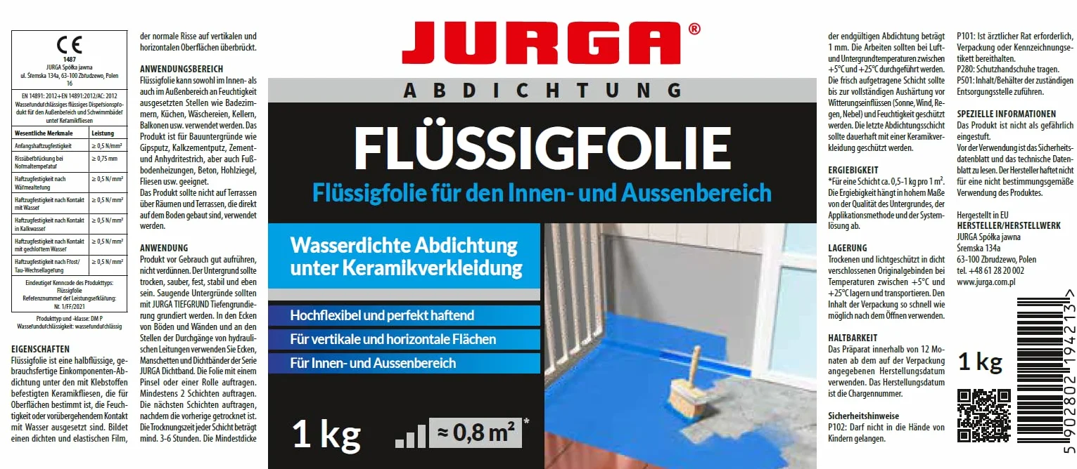 JURGA Folmix Folia w płynie 1kg ≈ 0,8m² Hydroizolacja do łazienki i prysznica – folia uszczelniająca na zewnątrz i wewnątrz, nie zawiera rozpuszczalników