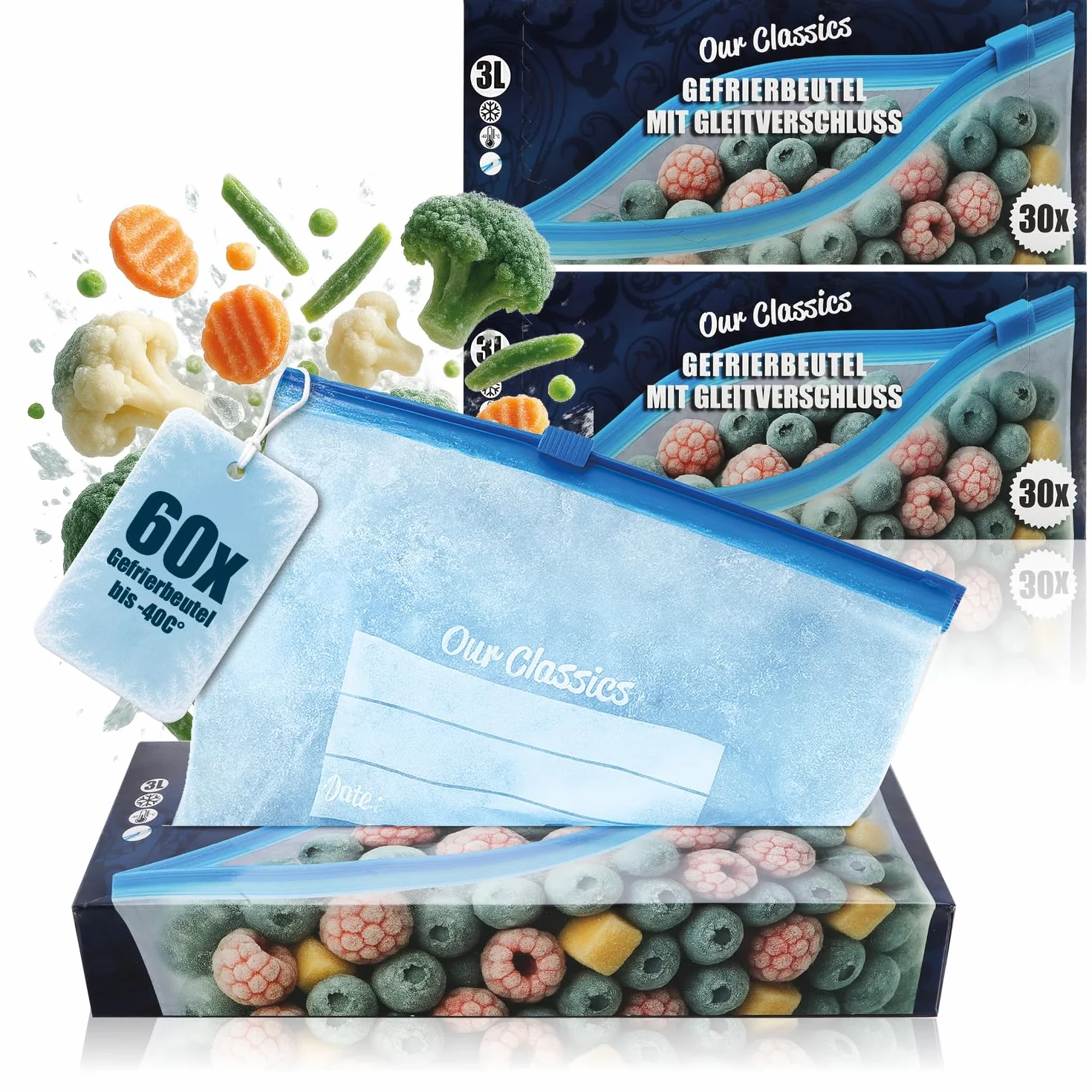 com-four® 60x Torebki do mrozenia 3L z zamknieciem – Wielokrotnego uzytku do przechowywania zywnosci – Uniwersalne worki na swiezosc i aromat do -40°C (3 L - 60 sztuk)