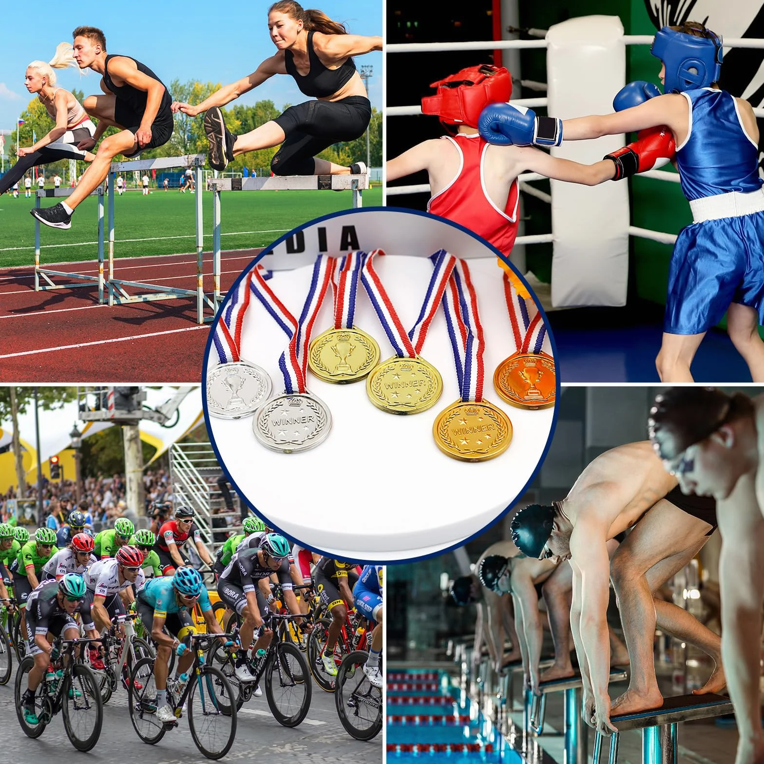 30 medali olimpijskich, nagrody na dzień sportowy, złoty medal z taśmą na szyję, plastikowy medalik do sportu, zawodów, imprez, w stylu olimpijskim, złotym, srebrnym, brązowym