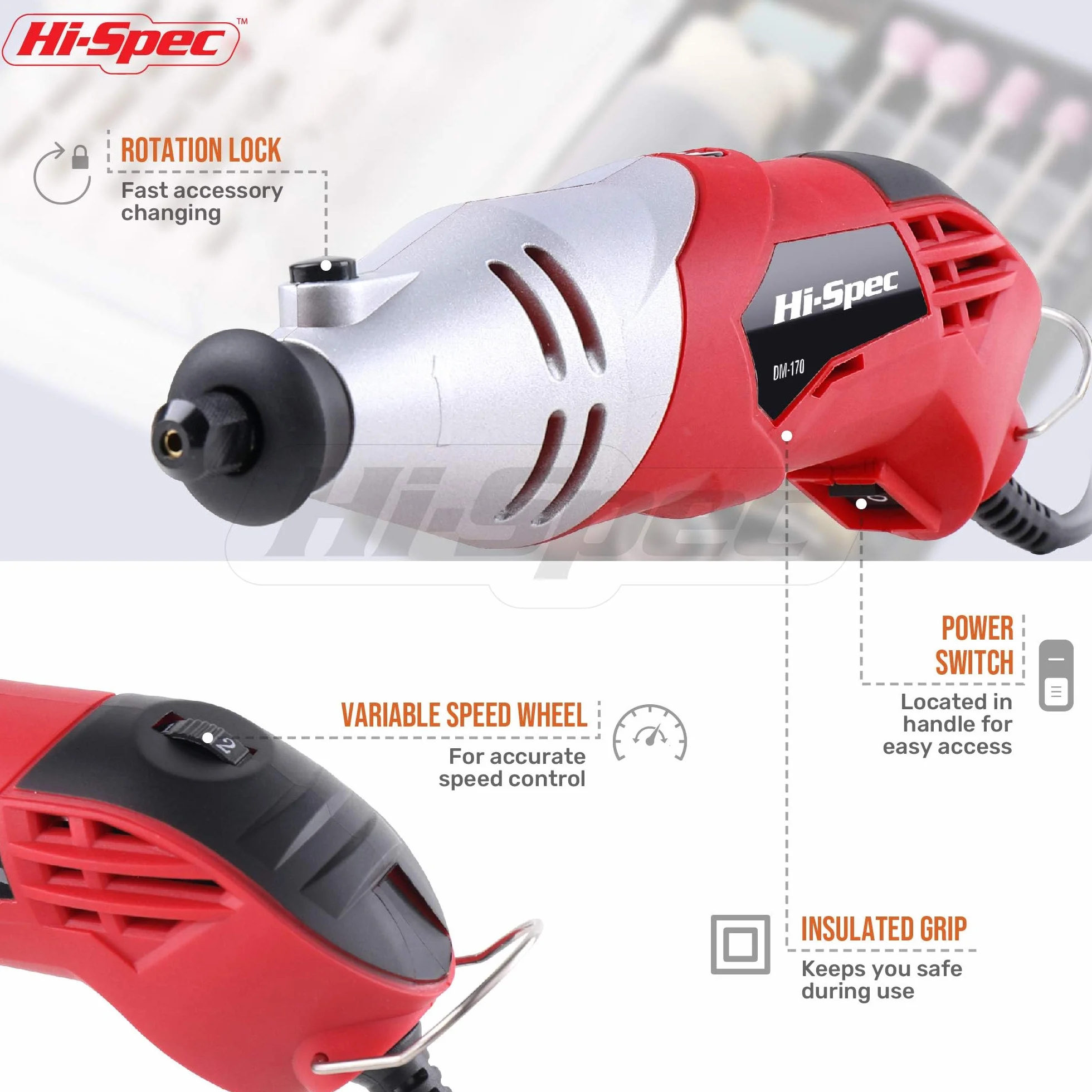 Hi-Spec Miniszlifierka 170 W Elektryczne narzędzie obrotowe 120 akcesoriów 35 000 obr./min