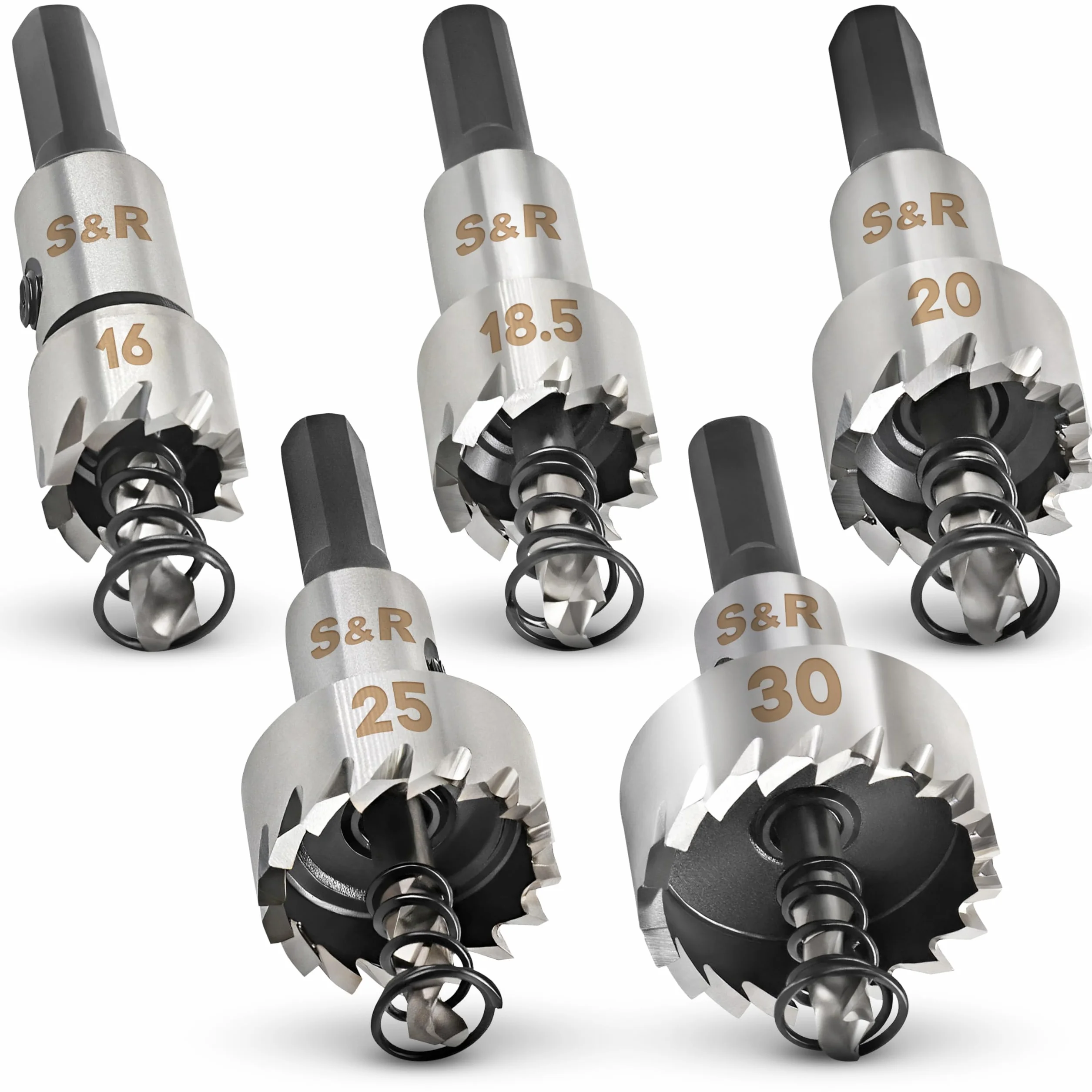 S&R 5-częściowy zestaw otwornic 16/18,5/20/25/30 mm, stal HSS COBALT, 5% stop kobaltowy, M35, HRC 64-66, uzębienie combo, zestaw otwornic do metali, stali, stali nierdzewnej, aluminium, tworzyw