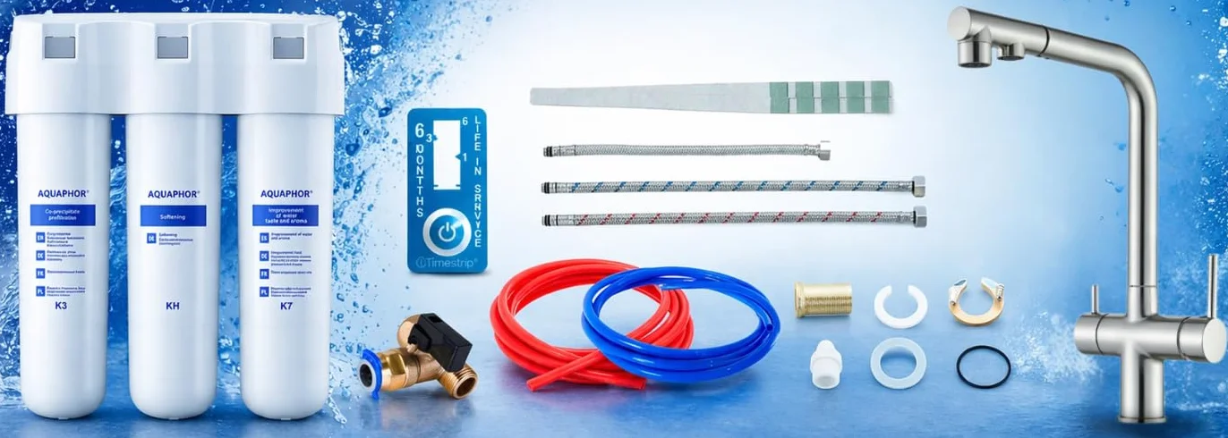 3-drożna bateria kuchenna Venom Pull-Out z systemem filtra wody Aquaphor Crystal H, wyciągana słuchawka, oddzielny wylot do filtrowanej wody, obracany o 360 stopni, montaż jednootworowy (stal