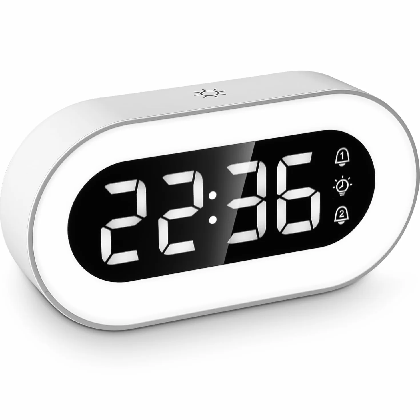 Elektroniczny budzik, stolik nocny biały