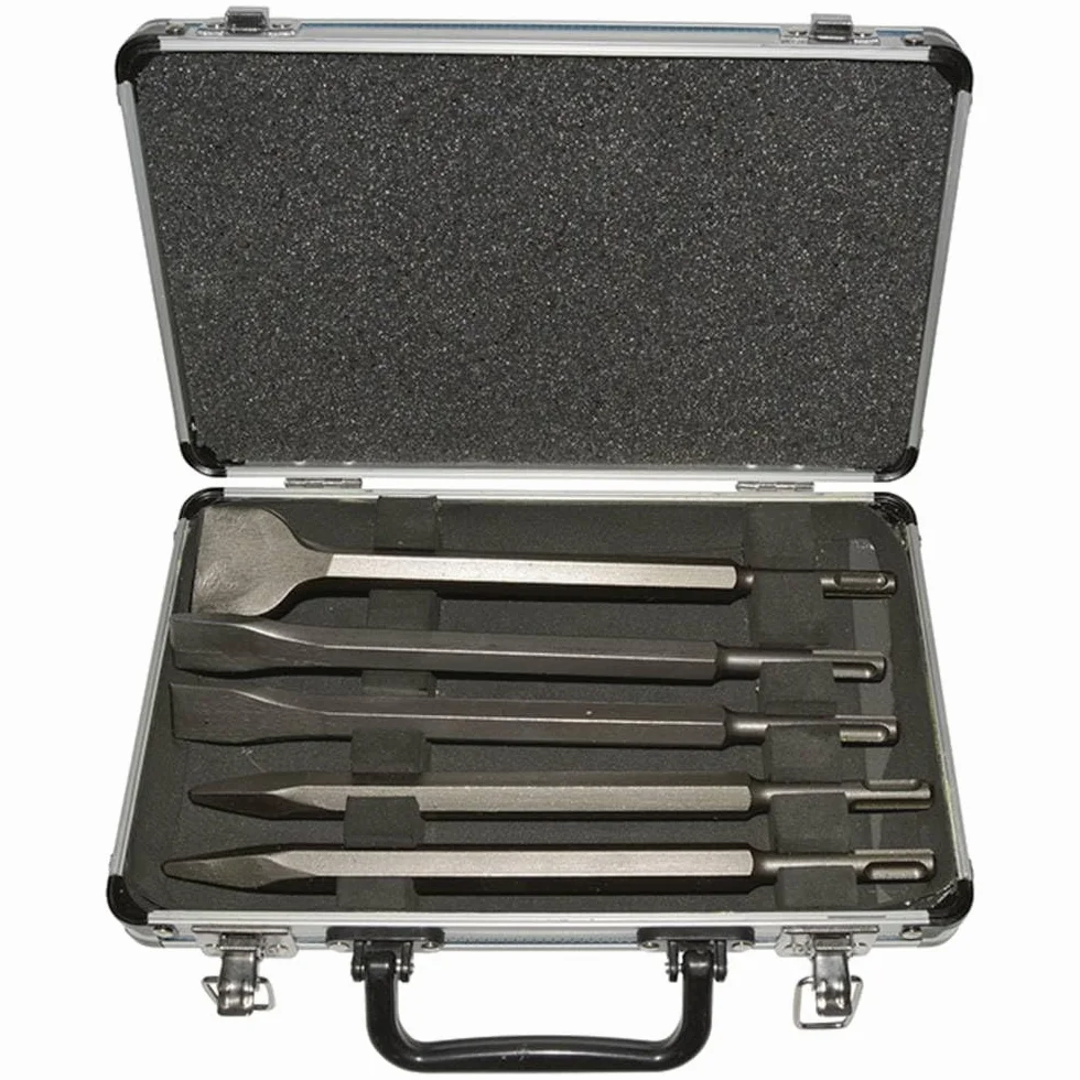 Makita D-42379 SDS-PLUS 5-częściowy zestaw dłut w aluminiowej walizce, 2 x dłuto spiczaste, 2 x dłuto płaskie, 1 x dłuto szerokie, każdy o długości 250 mm