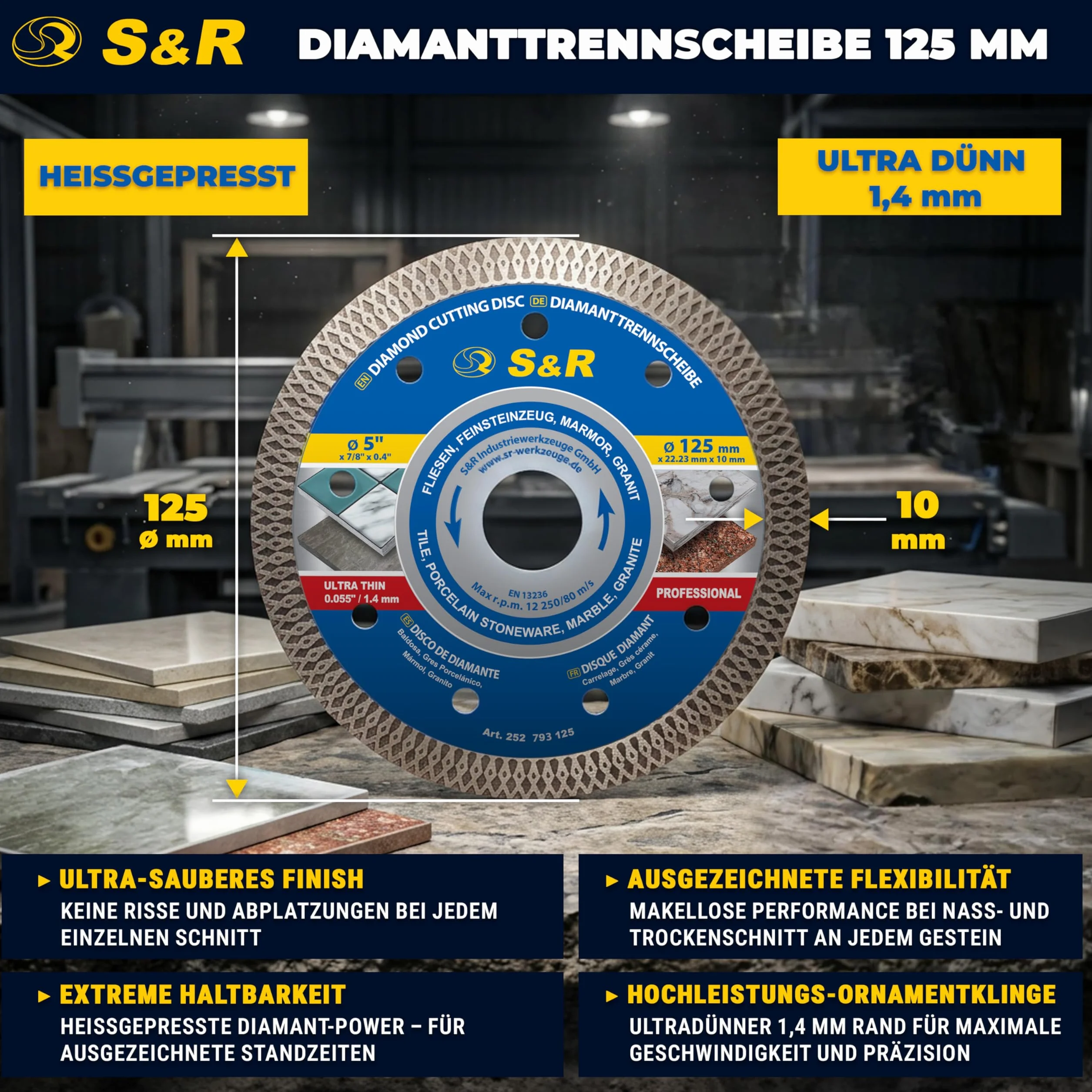 S&R Diamentowa tarcza do cięcia płytek, 125 mm, tarcza diamentowa 125 mm, 125 x 22,23 x 25 x 1,7 mm, do porcelany, gresu porcelanowego, twardych płytek, granitu z ornamentową krawędzią