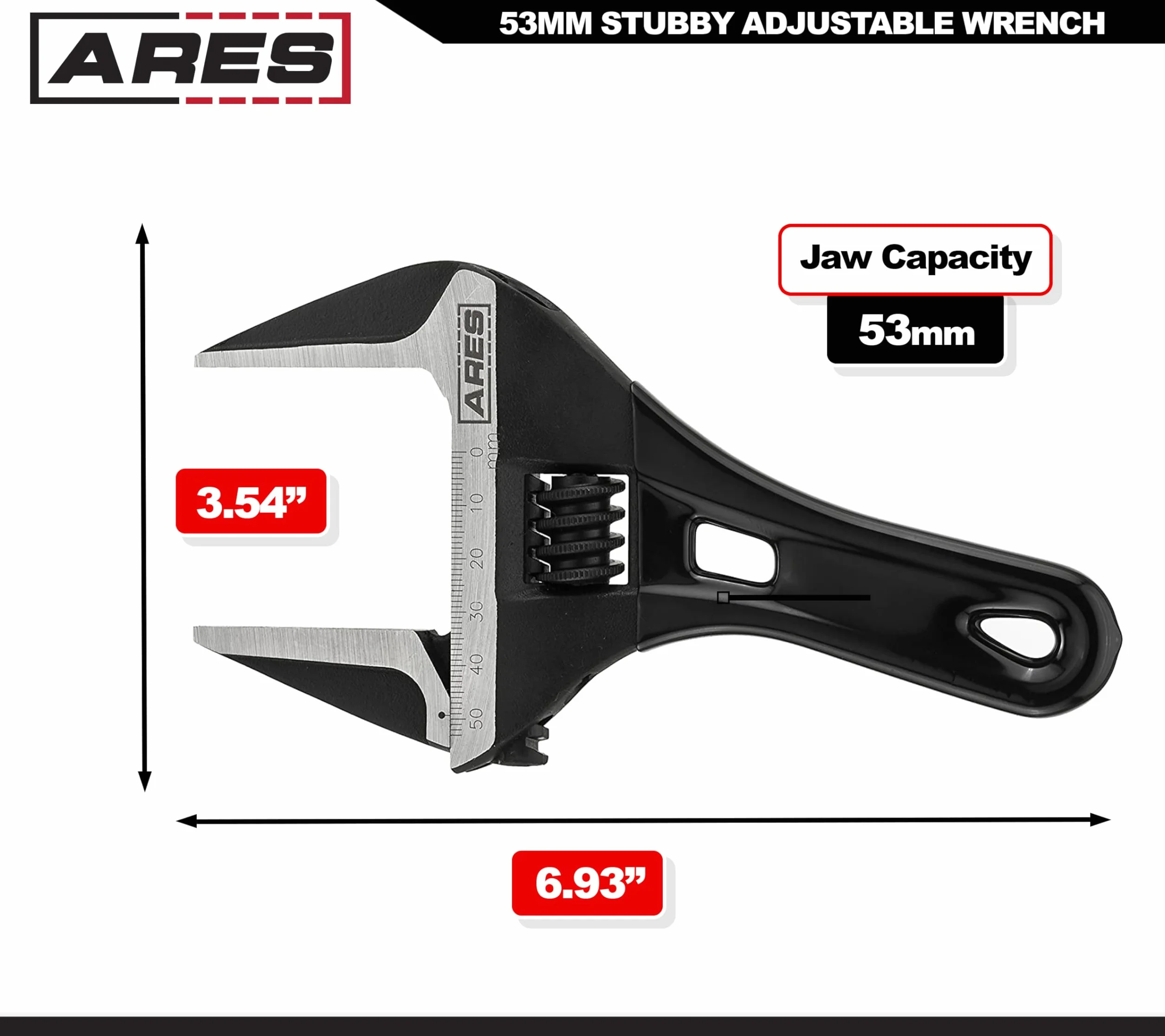 ARES 70303-53 mm Stubby klucz nastawny - Stubby, Ultra cienka konstrukcja zapewnia szybki dostęp do ciasnych przestrzeni - otwór jest o 30 procent głębszy niż normalny