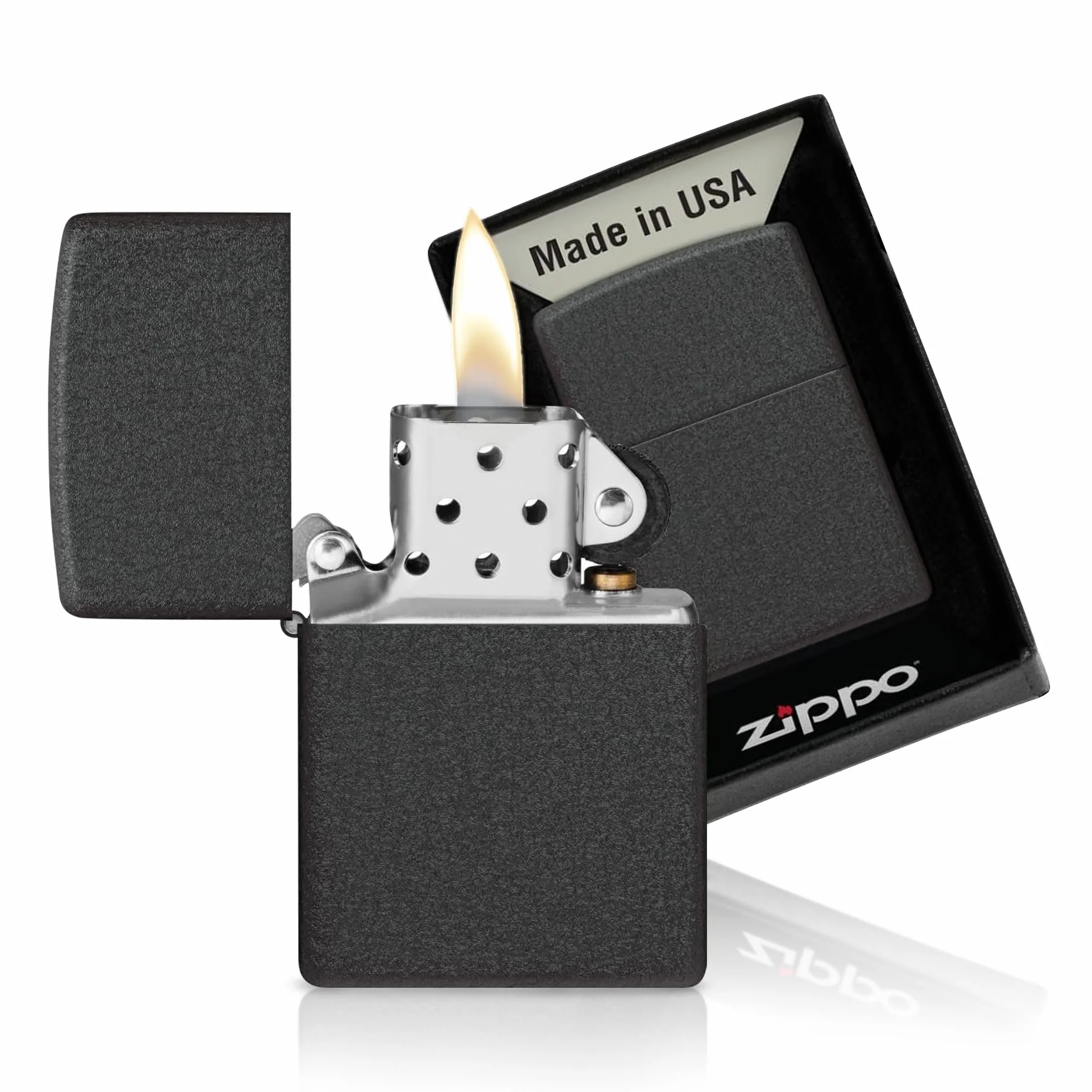 Zippo Zapalniczka Sztormowa, w Czerni Chropowatej, Wersja Podstawowa, z Możliwością Napełniania, Wielokrotnego Użytku, Płomień Odporny na Wiatr, w Pudełku Prezentowym, Made in USA